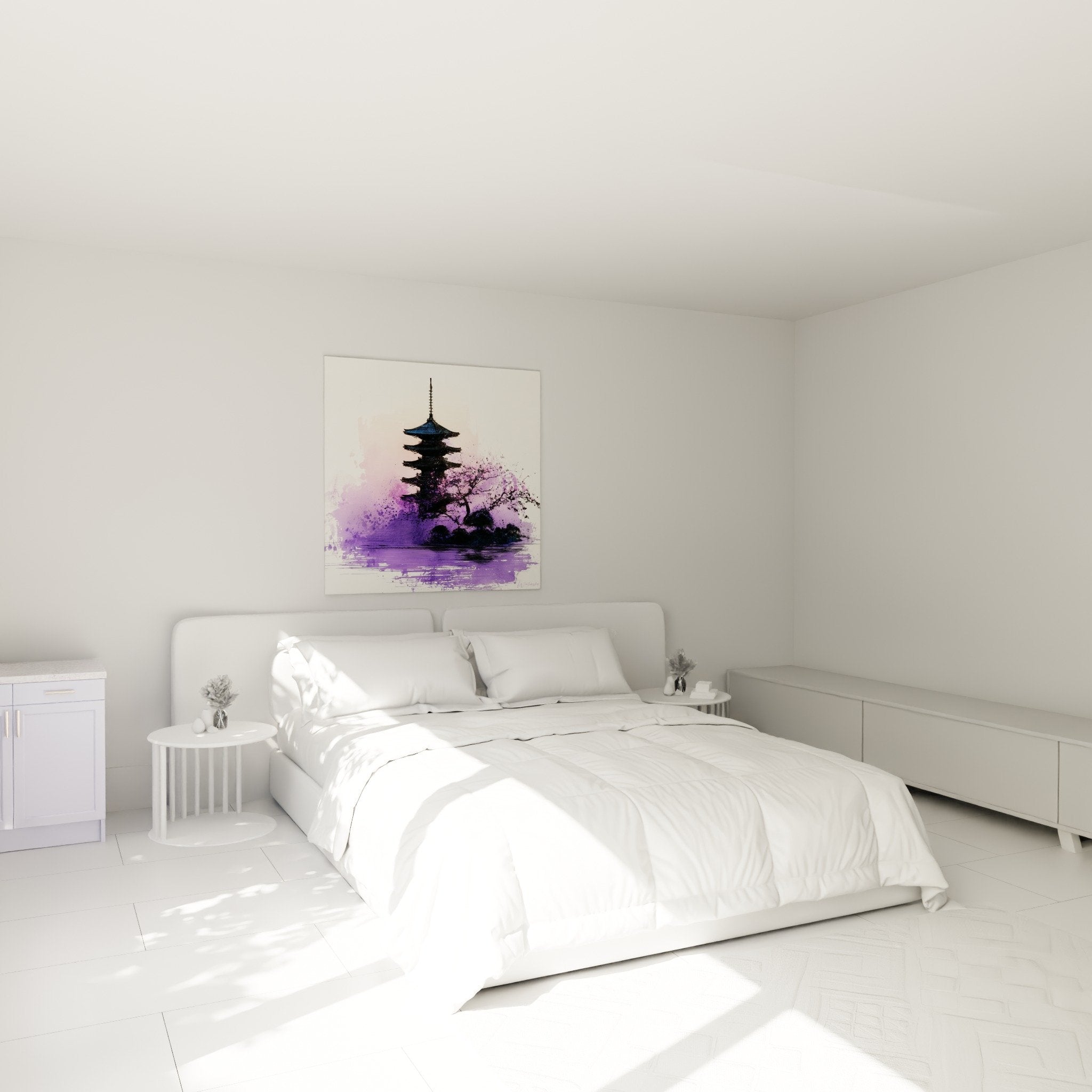 Décoration chambre avec tableau pagode violette ambiance zen et apaisante