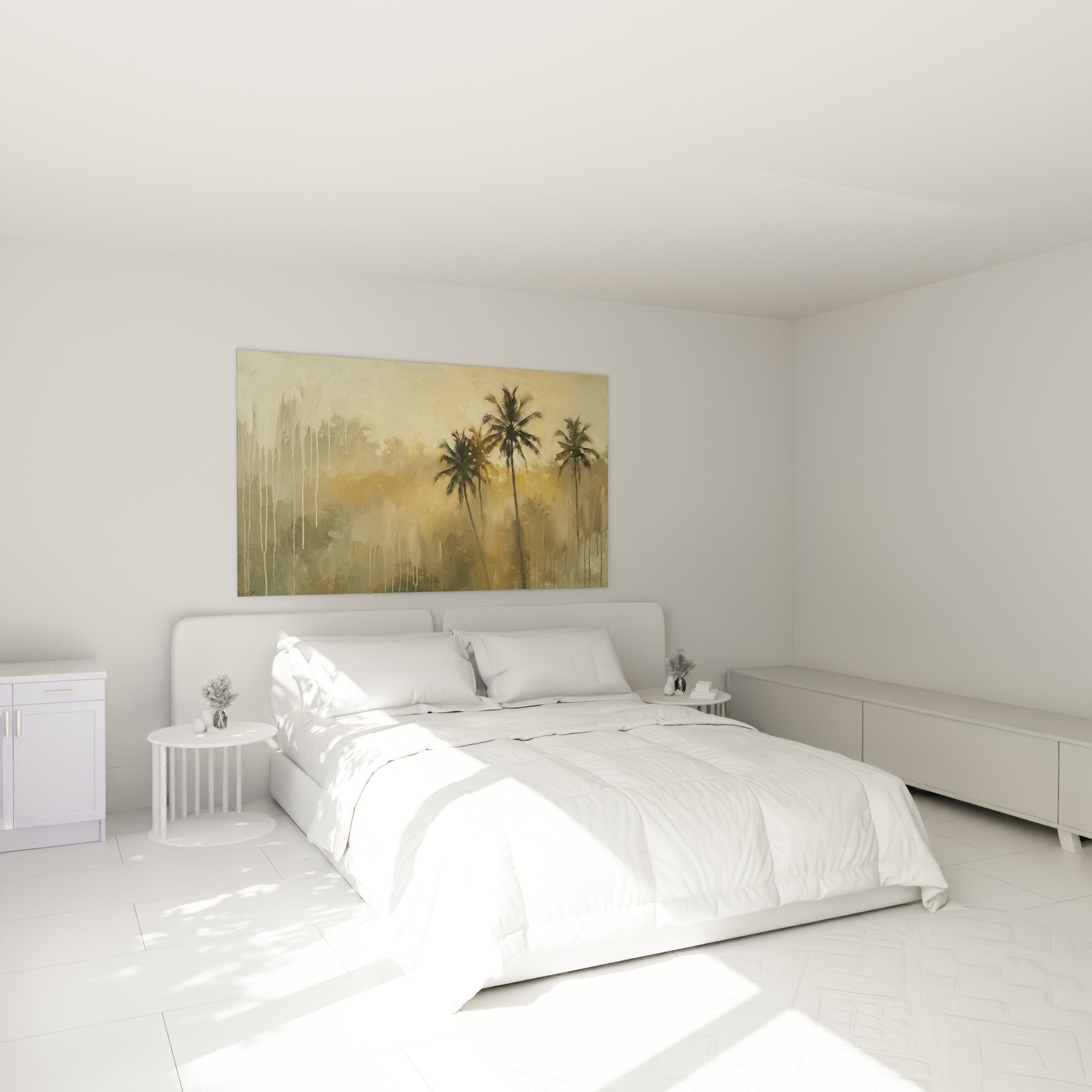 Schlafzimmer Dekoration Gemälde goldene Palmen tropischer Regen Zen Atmosphäre Morgenlicht Bali