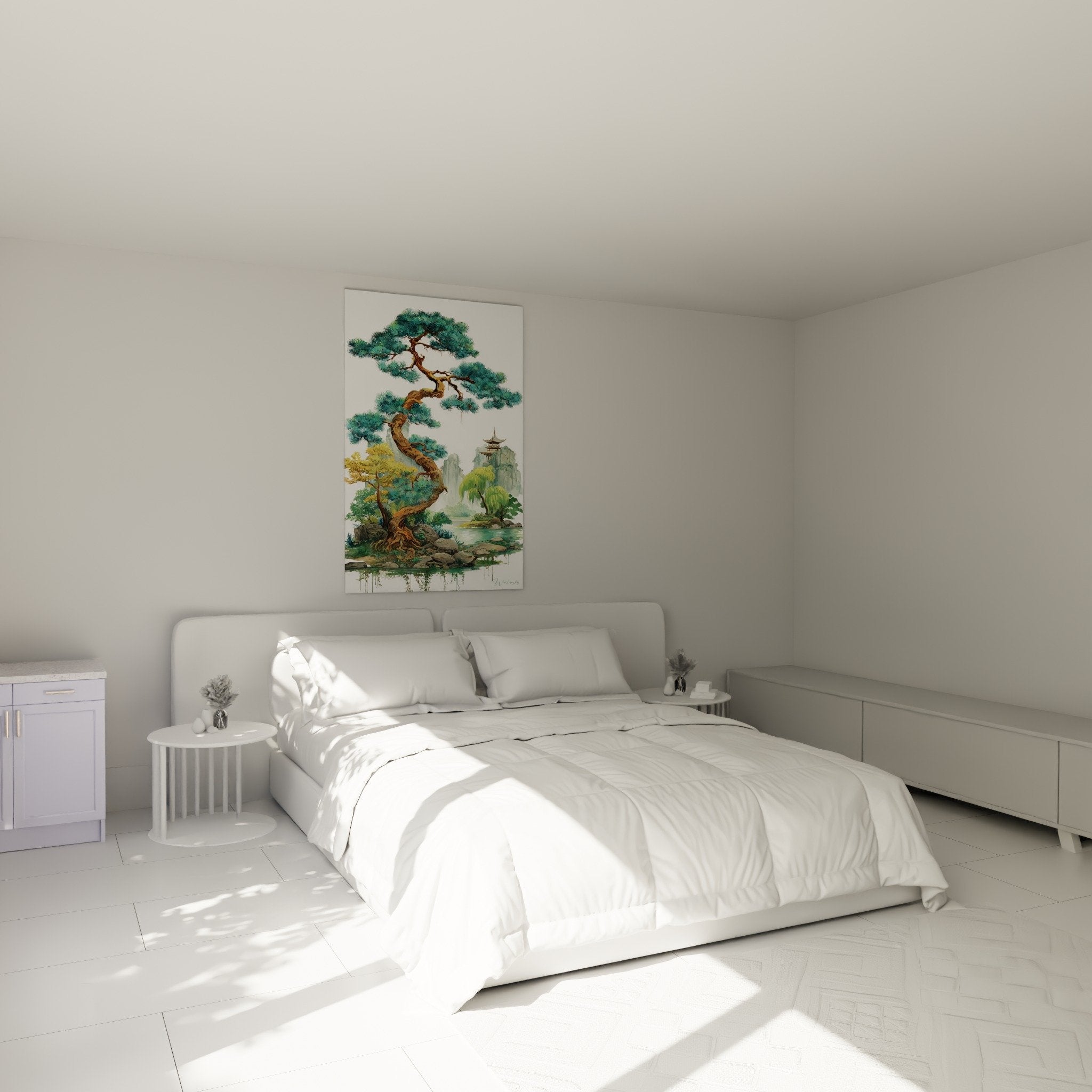 Oriental landscape painting turquoise pine tree zen bedroom decor mountain temple peaceful atmosphere pagoda