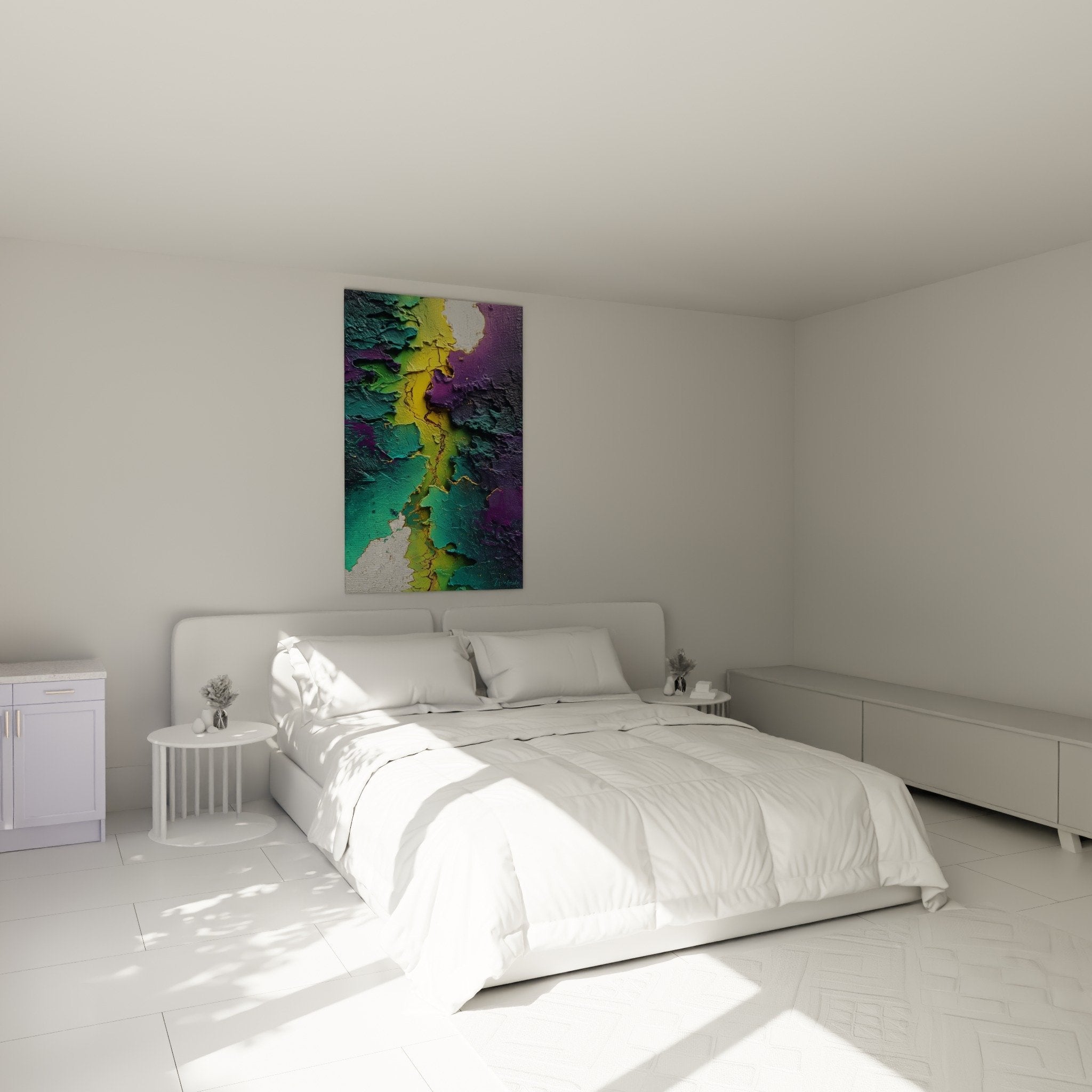 Colorful peeling paint wall art turquoise violet textured relief bedroom décor feng shui