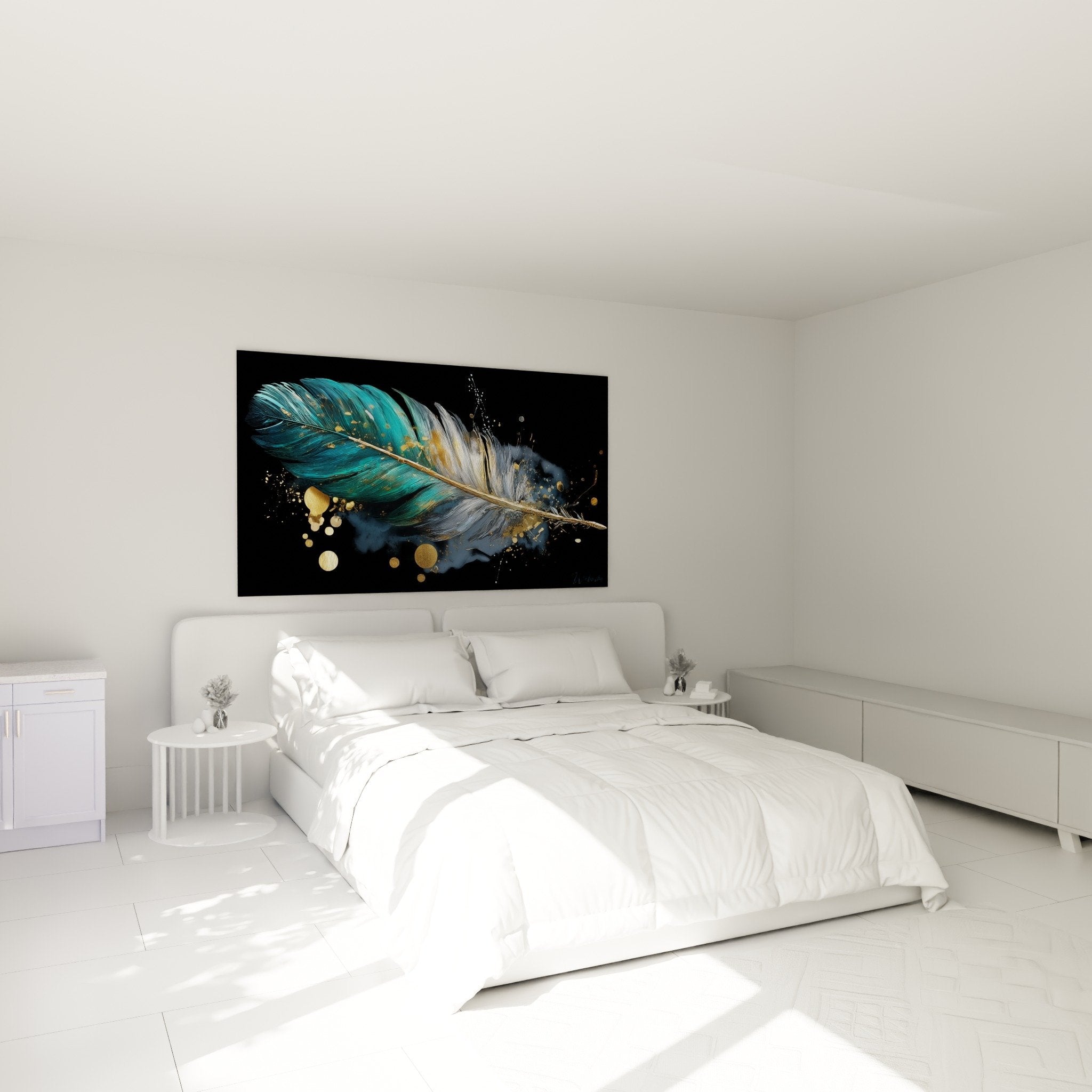 Turquoise and gold feather wall decoration in modern bedroom with zen and refined atmosphere