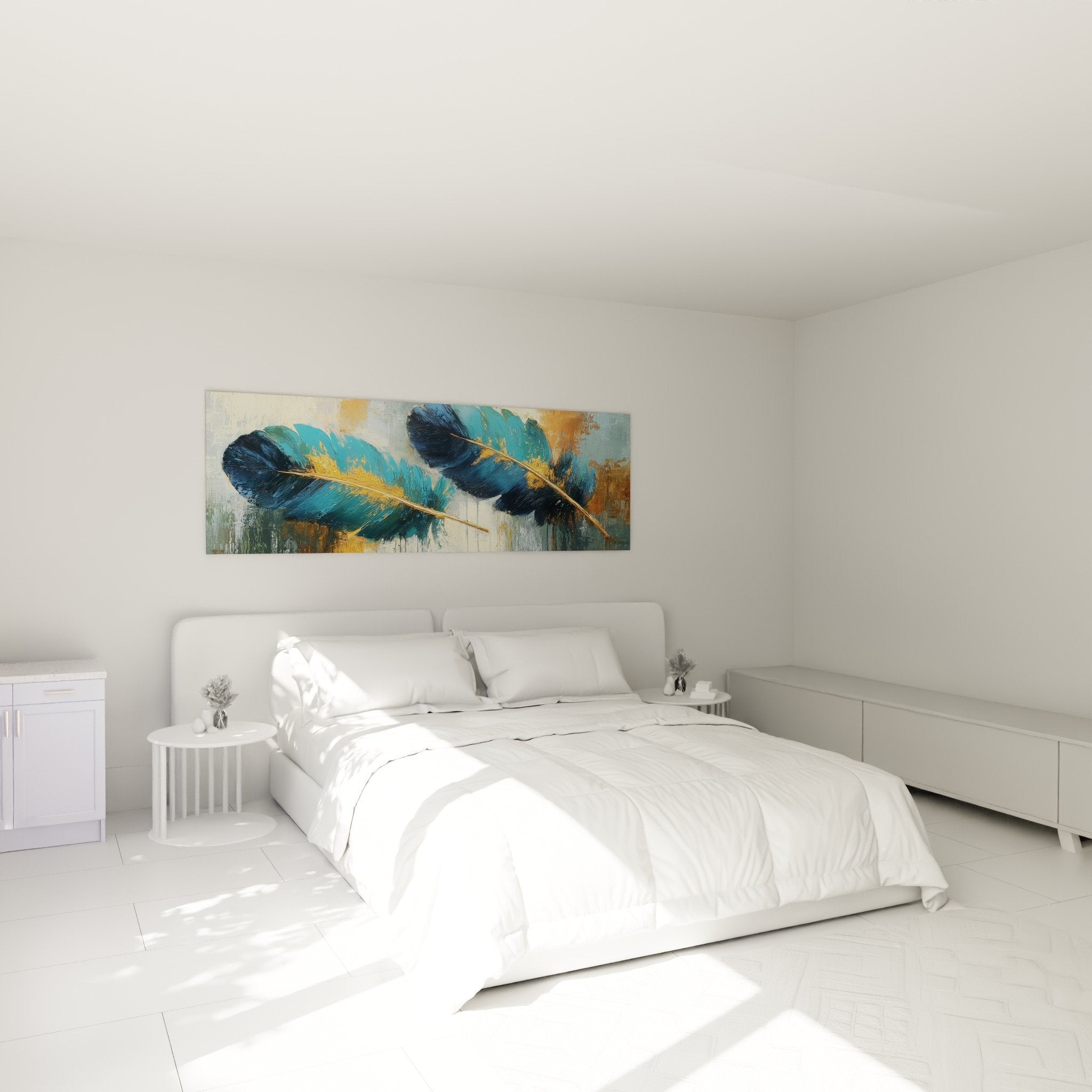 Blue and gold feather wall decoration in modern bedroom - zen and elegant atmosphere