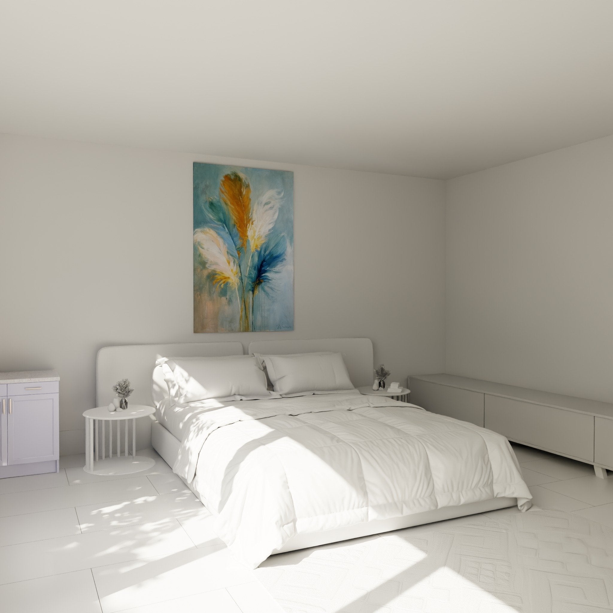 Wall decoration golden blue feathers master bedroom ambiance zen calming luminous painting