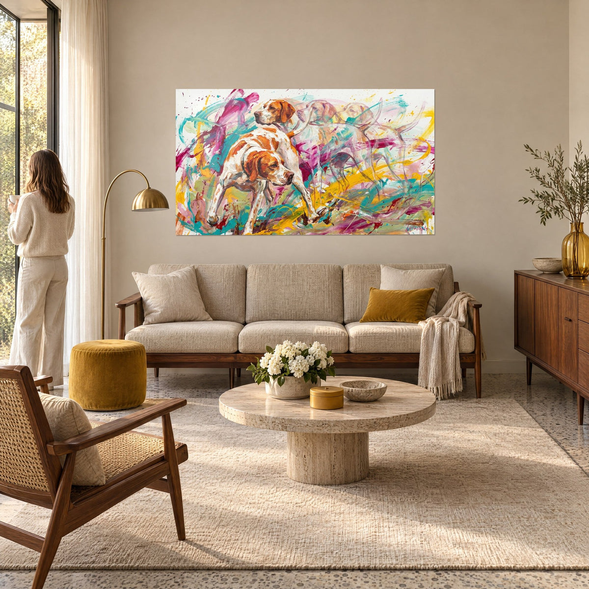 Gemälde Jagdhunde in Orange und Weiß, Pinselstriche in Fuchsia und Türkis, Frau von hinten über einem Sofa in einem hellen Wohnzimmer
