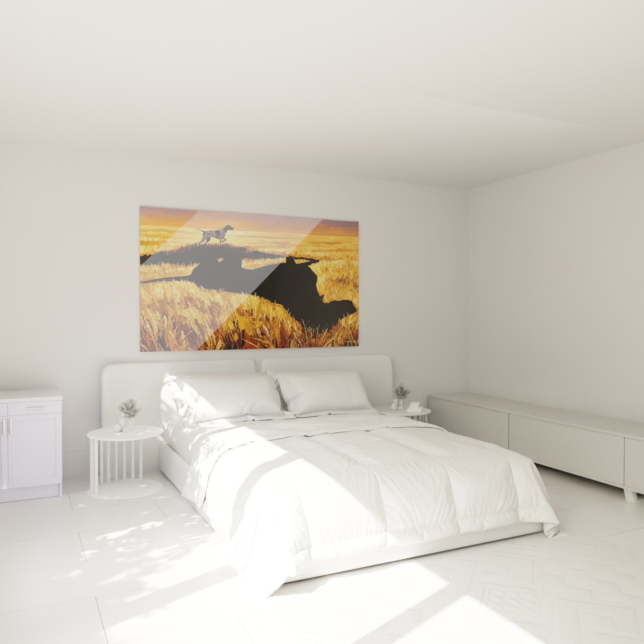 Décoration murale chambre Pointer Anglais bunker coucher soleil ambiance chaleureuse tons cuivrés