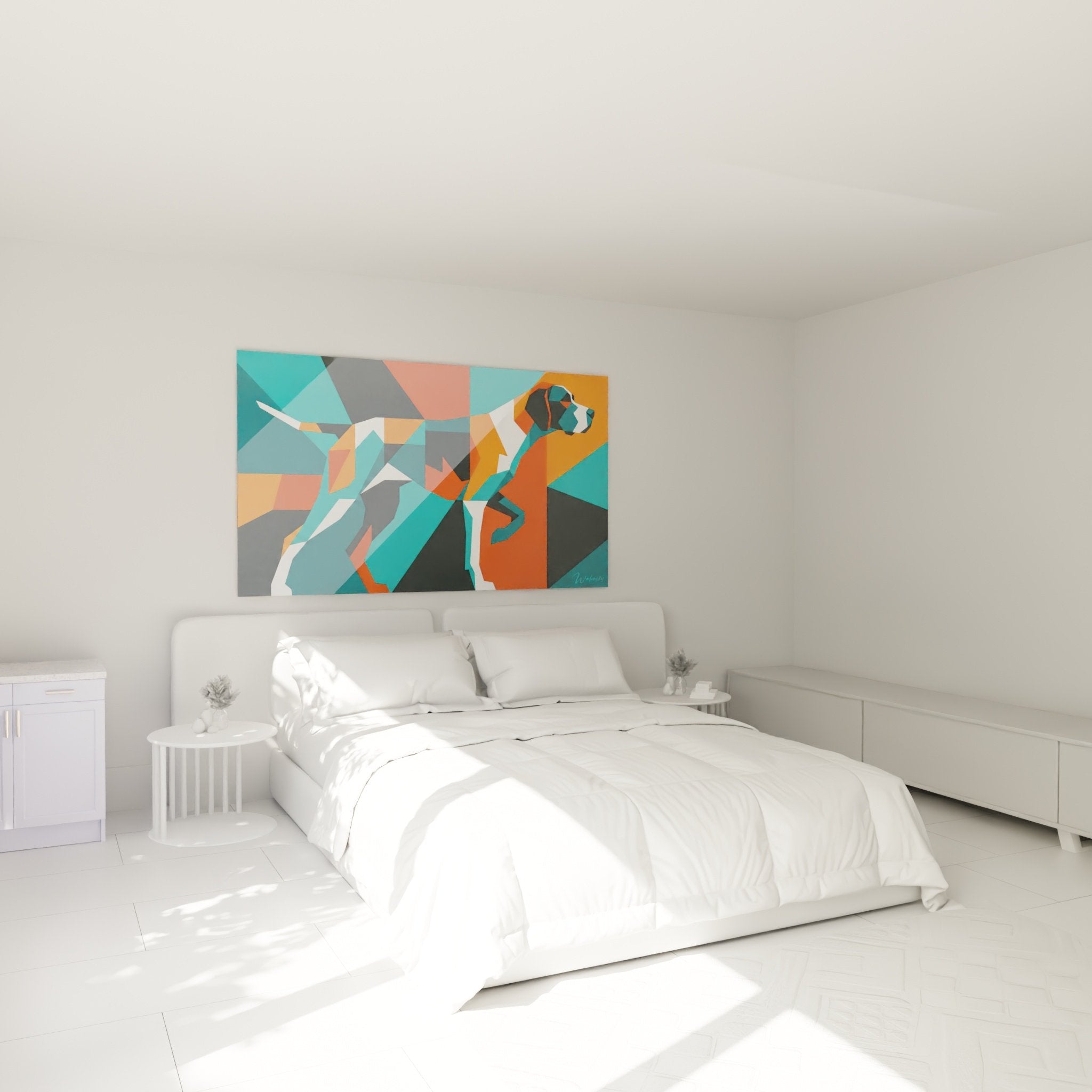 Décoration chambre tableau Pointer Anglais géométrique turquoise orange art contemporain mur blanc