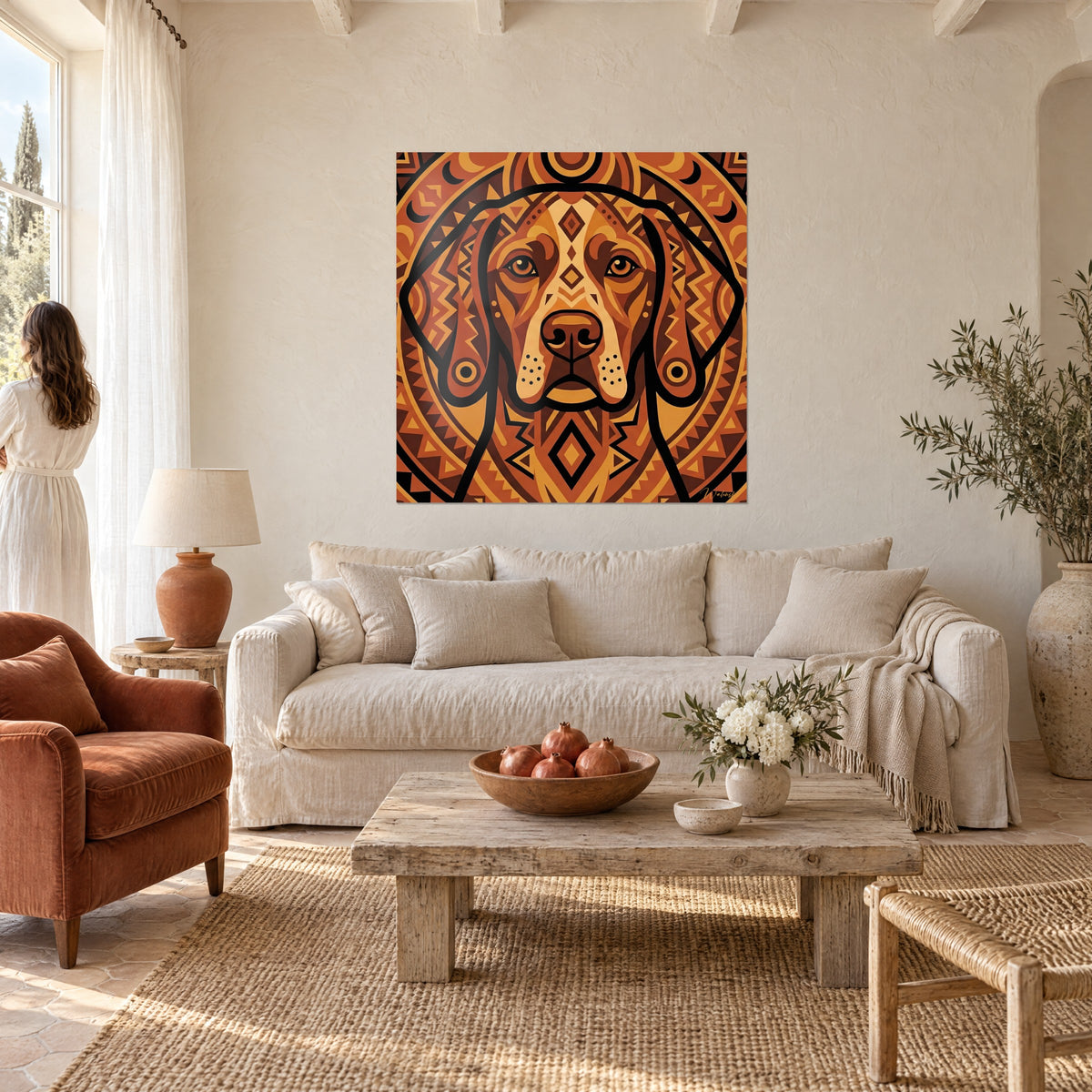 Schilderij van een Pointer met hangende oren, oranje en zwarte tribale patronen, vrouw van achteren boven een bank in een lichte woonkamer