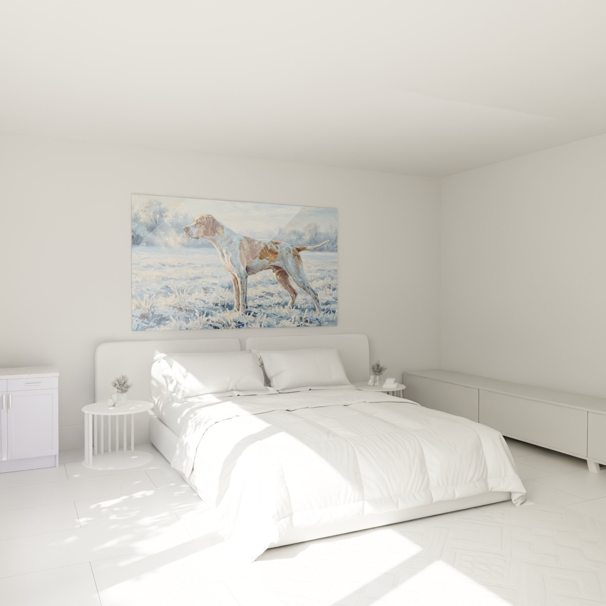 Decoration chambre avec tableau chien chasse Pointer Anglais ambiance hivernale murale