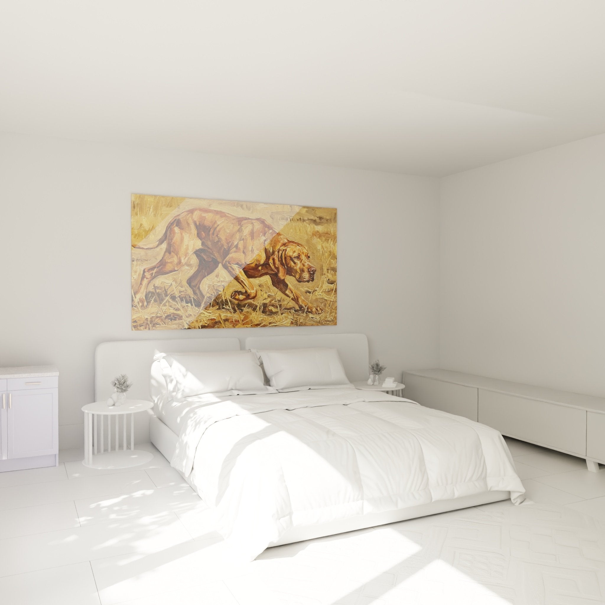 Décoration murale chambre Pointer Anglais chasse tableau tons chauds ambiance rustique art animalier