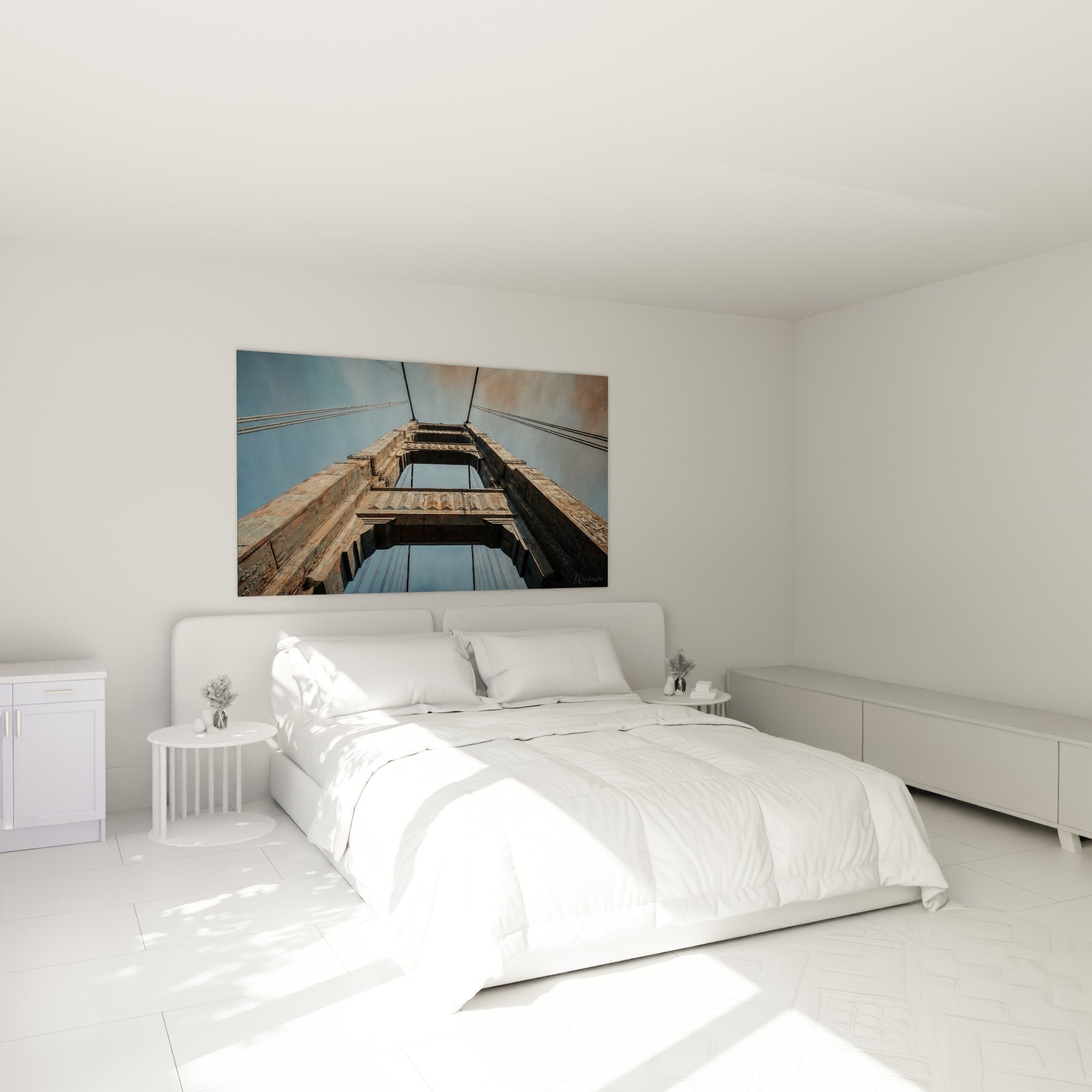 deco murale pont suspendu chambre moderne architecture industrielle tons metalliques saten island