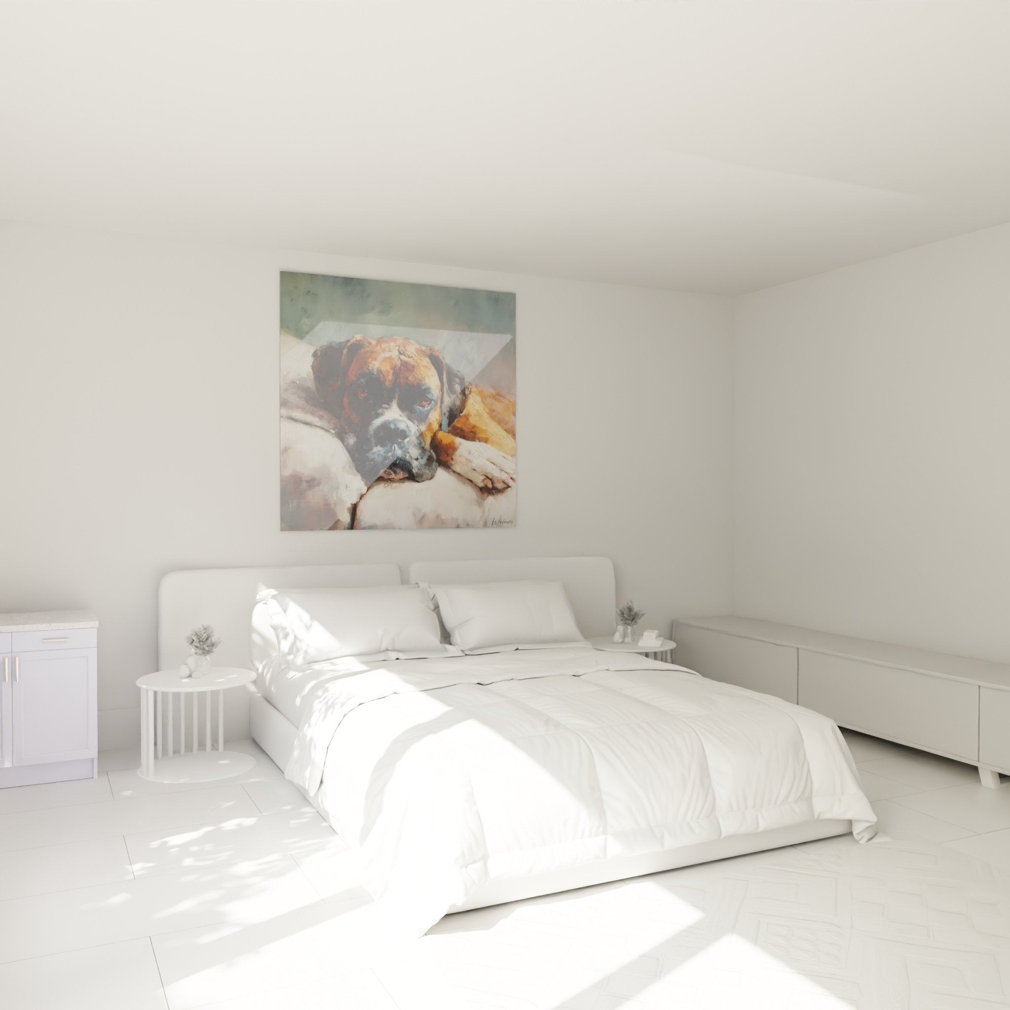 Wanddekoration Schlafzimmer mit Boxerporträt mit bernsteinfarbenen Augen, warme und entspannende Atmosphäre