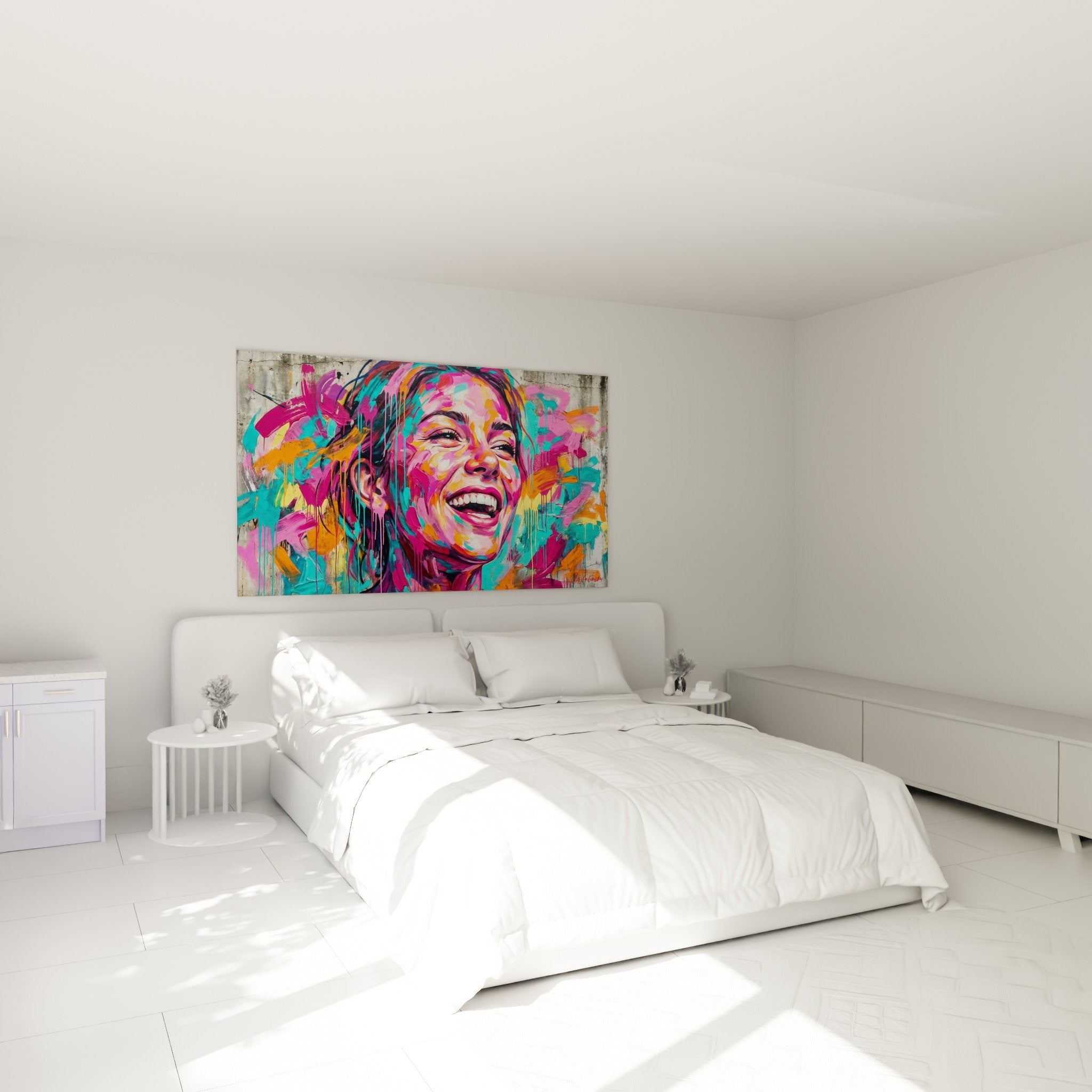 Decoration chambre tableau portrait feminin street art couleurs eclatantes rose orange turquoise