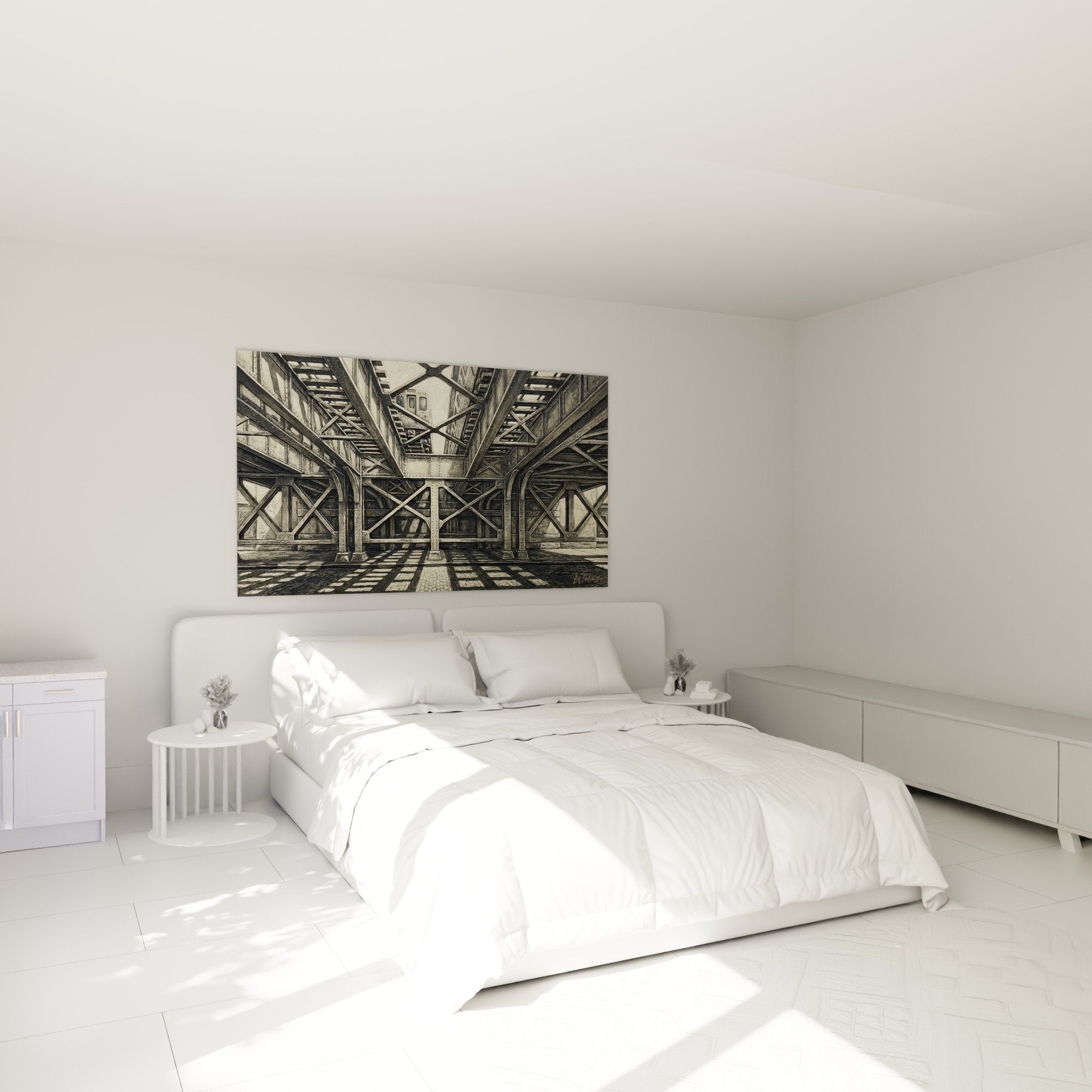 Deco chambre moderne tableau poutrelles metalliques grises style industriel urbain