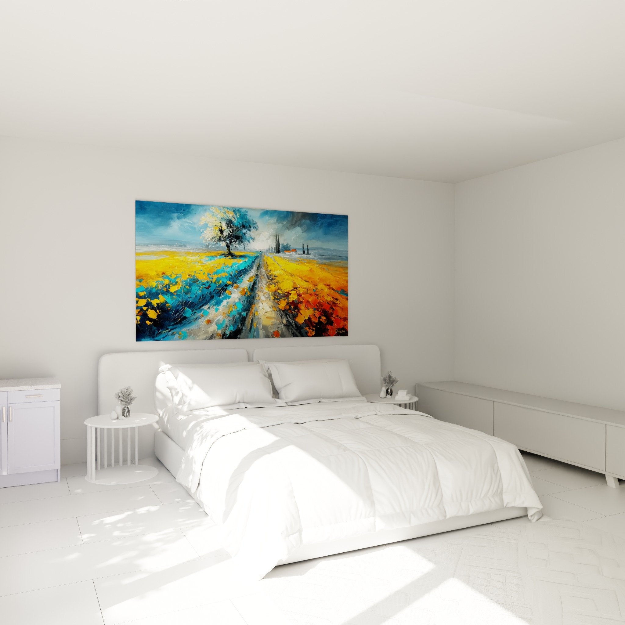 wall decoration bedroom meadow poppies orange blue tones countryside ambiance nature painting