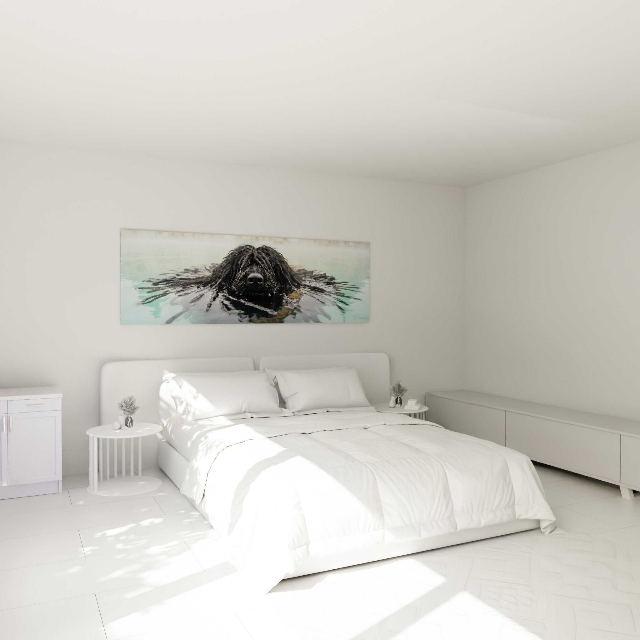 Tableau Puli nageant dans chambre moderne, decoration murale apaisante, ambiance zen aquatique