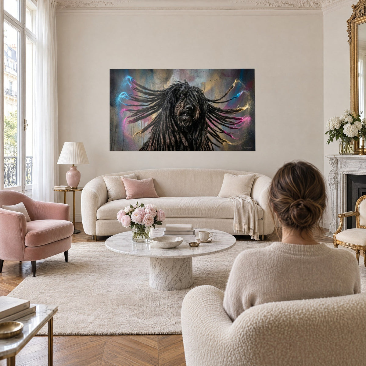 Quadro di cane puli nero con lunghe corde a ventaglio, punte blu e rosa, parete grigia, soggiorno, divano e donna di spalle