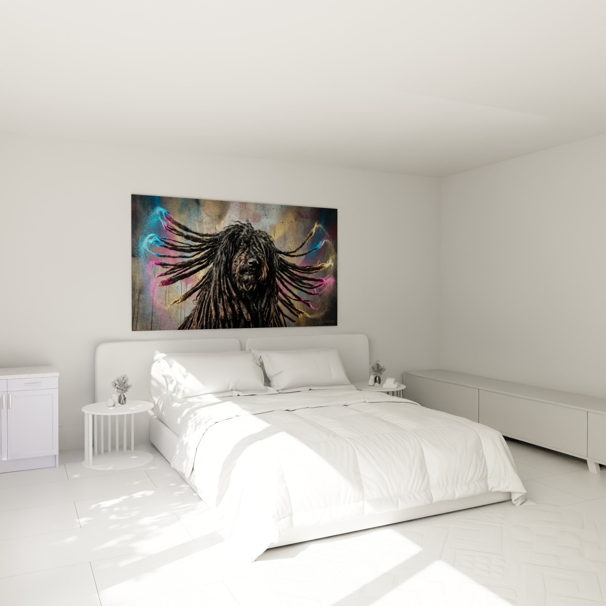 decoration murale puli dreadlocks multicolore dans chambre moderne ambiance urbaine artistique
