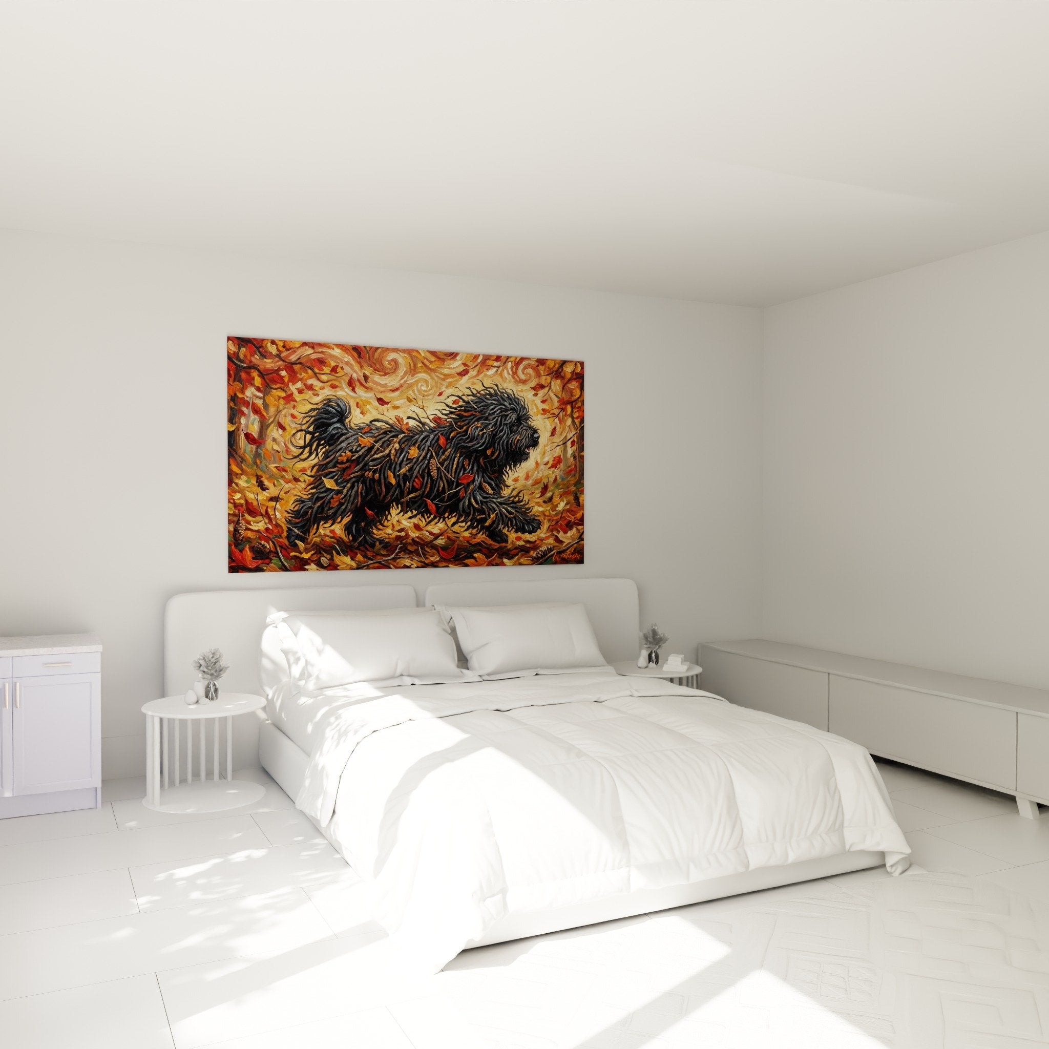 Decoration chambre tableau puli cordelettes tempete automnale ambiance chaleureuse tons ocre orange mur blanc