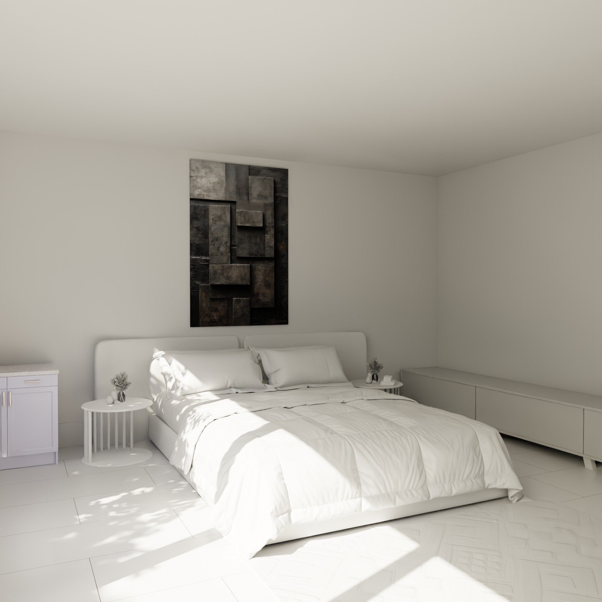 Decoration murale relief geometrique gris metal chambre moderne tableau abstrait volumes rectangulaires feng shui