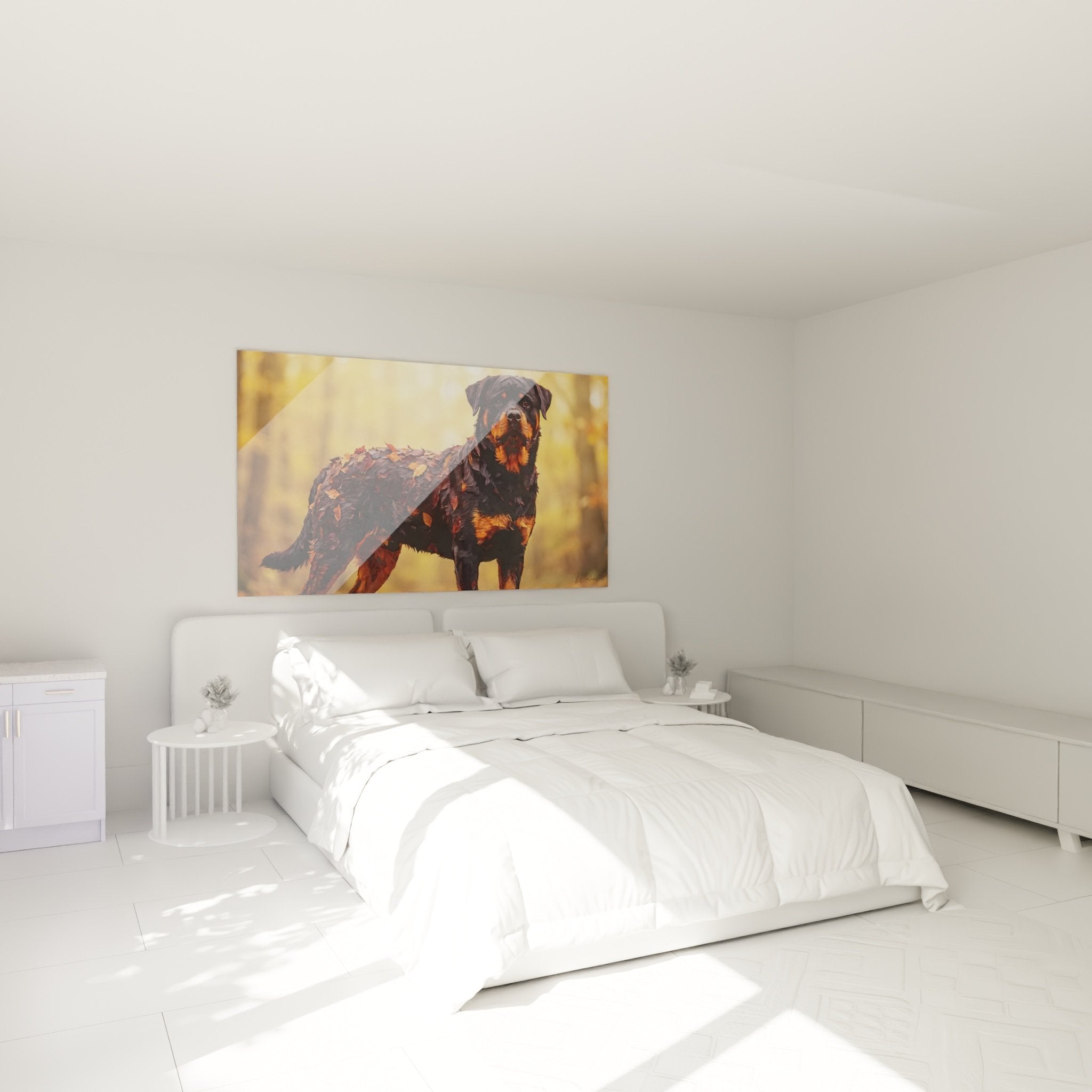 Decoration chambre tableau rottweiler automnal feuilles dorees ambiance chaleureuse art canin mural