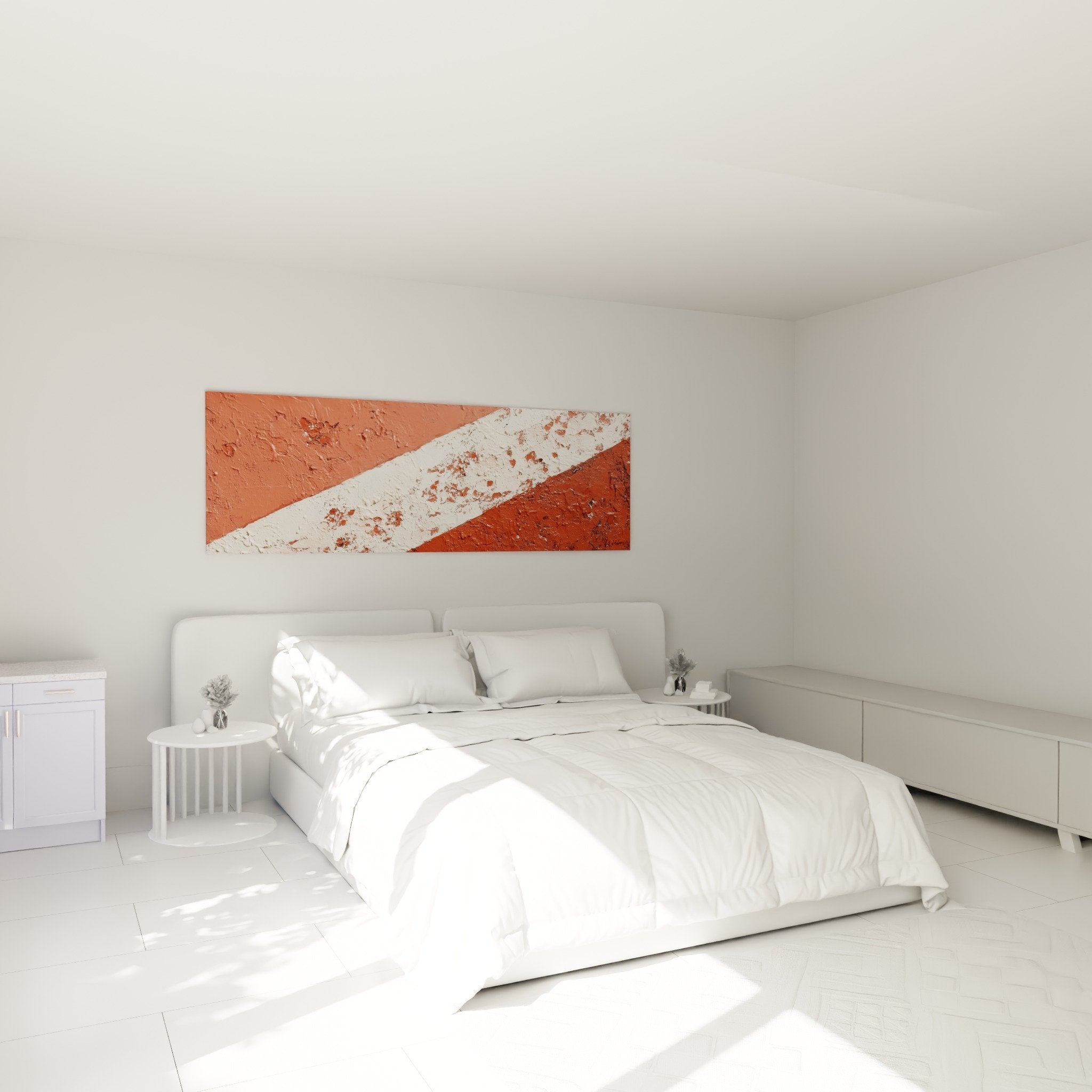 red white abstract wall decoration in southwest earth feng shui bedroom