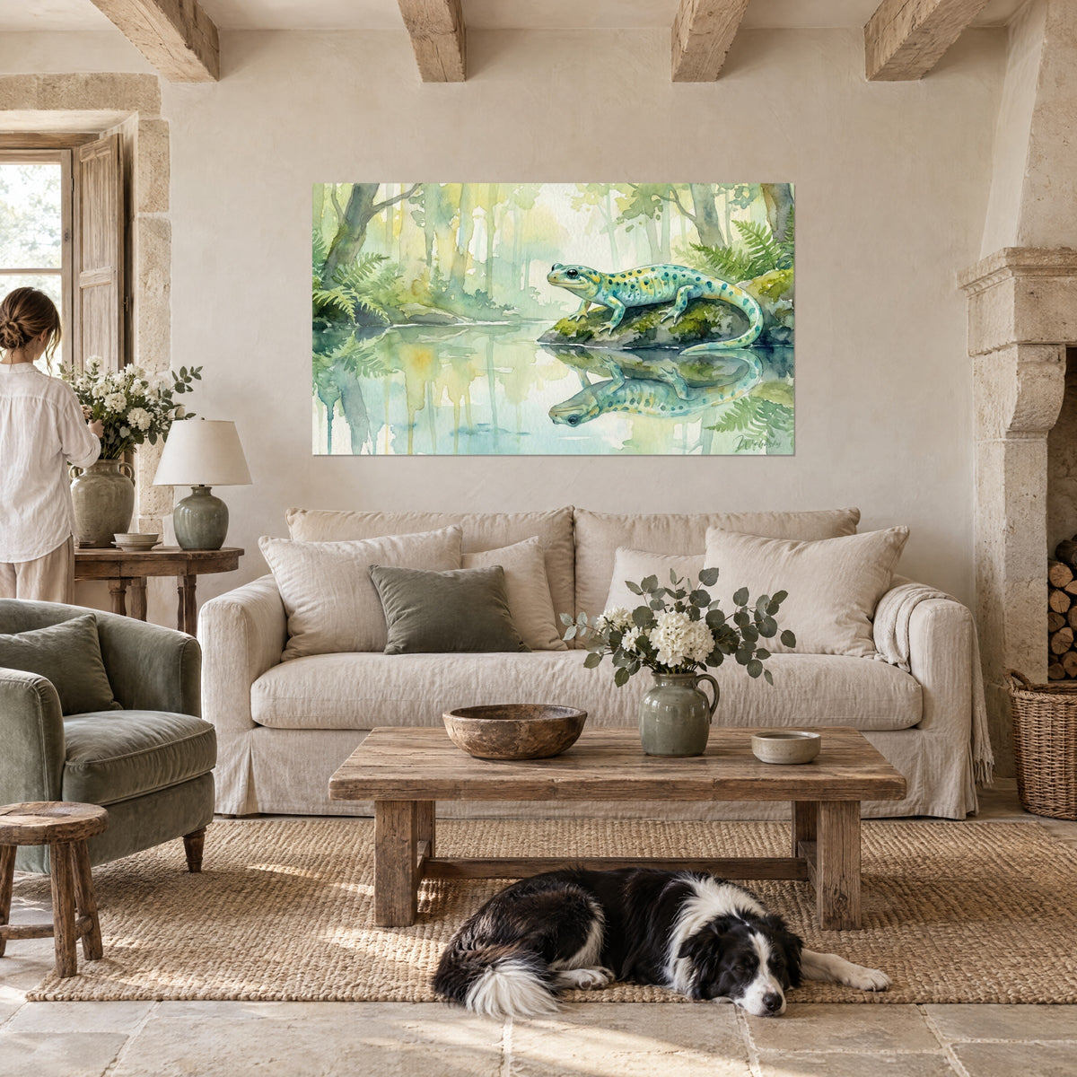 Wall art turquoise spotted salamander on its mossy stone, green and yellow reflections, collie and visitor seen from behind, above a sofa in a bright living room