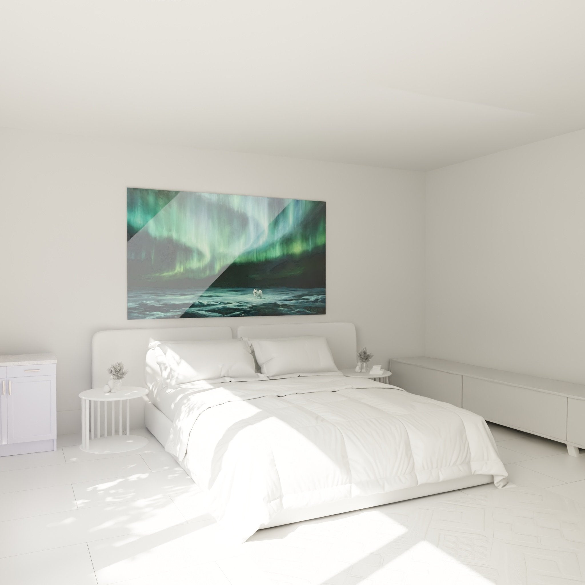 Decoration murale Samoyede aurores boreales dans chambre moderne ambiance nordique apaisante