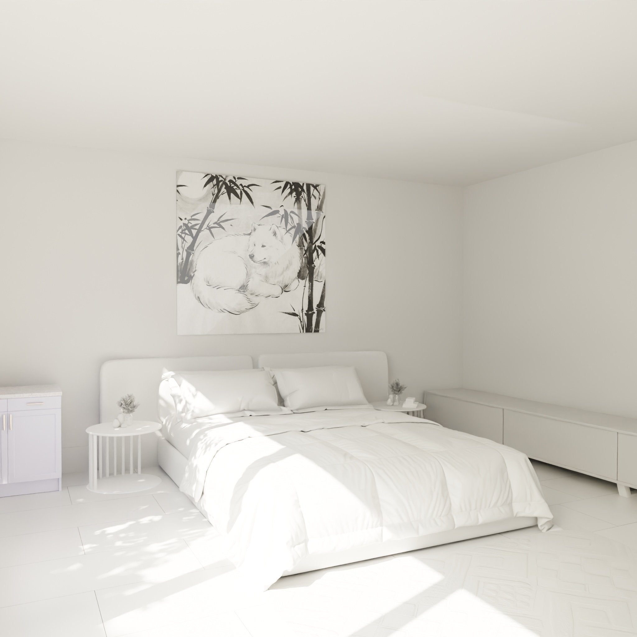 Décoration chambre avec tableau Samoyede blanc dans bambouseraie, ambiance zen et apaisante sur mur clair