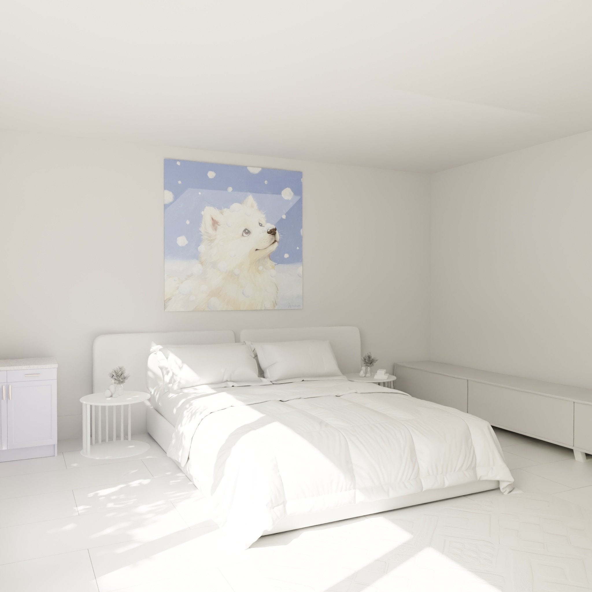 Decoration chambre avec tableau chien Samoyede blanc dans ambiance hivernale