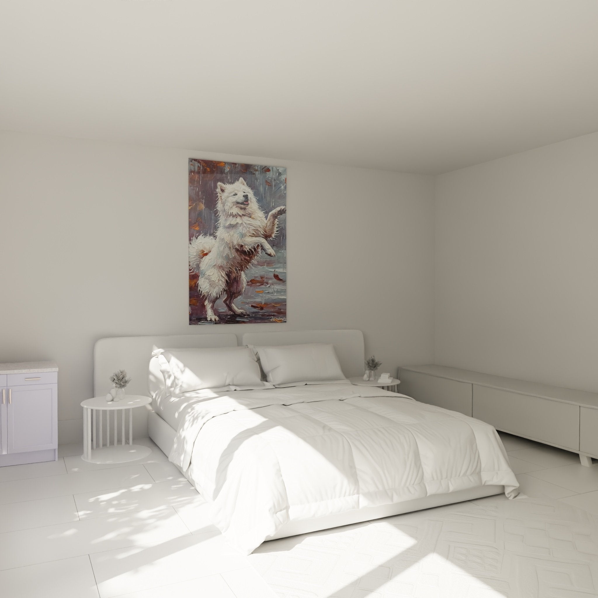 Décoration chambre avec tableau Samoyède blanc sautant sous pluie, ambiance chaleureuse et dynamique