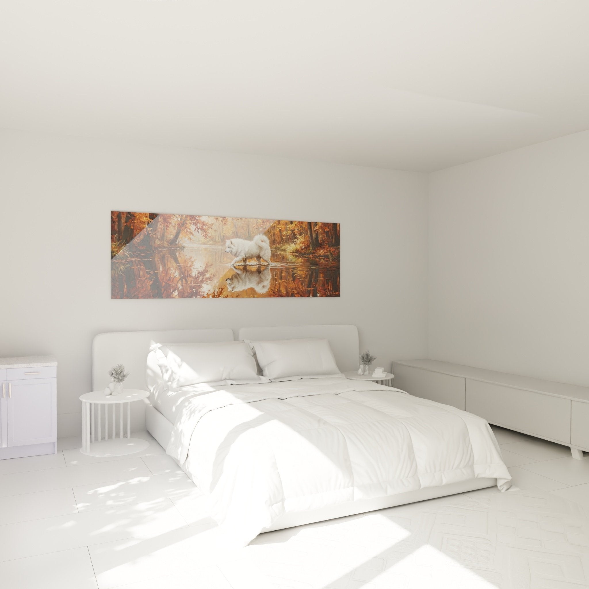 Decoration murale Samoyede blanc chambre ambiance chaleureuse tons automne cuivre orange