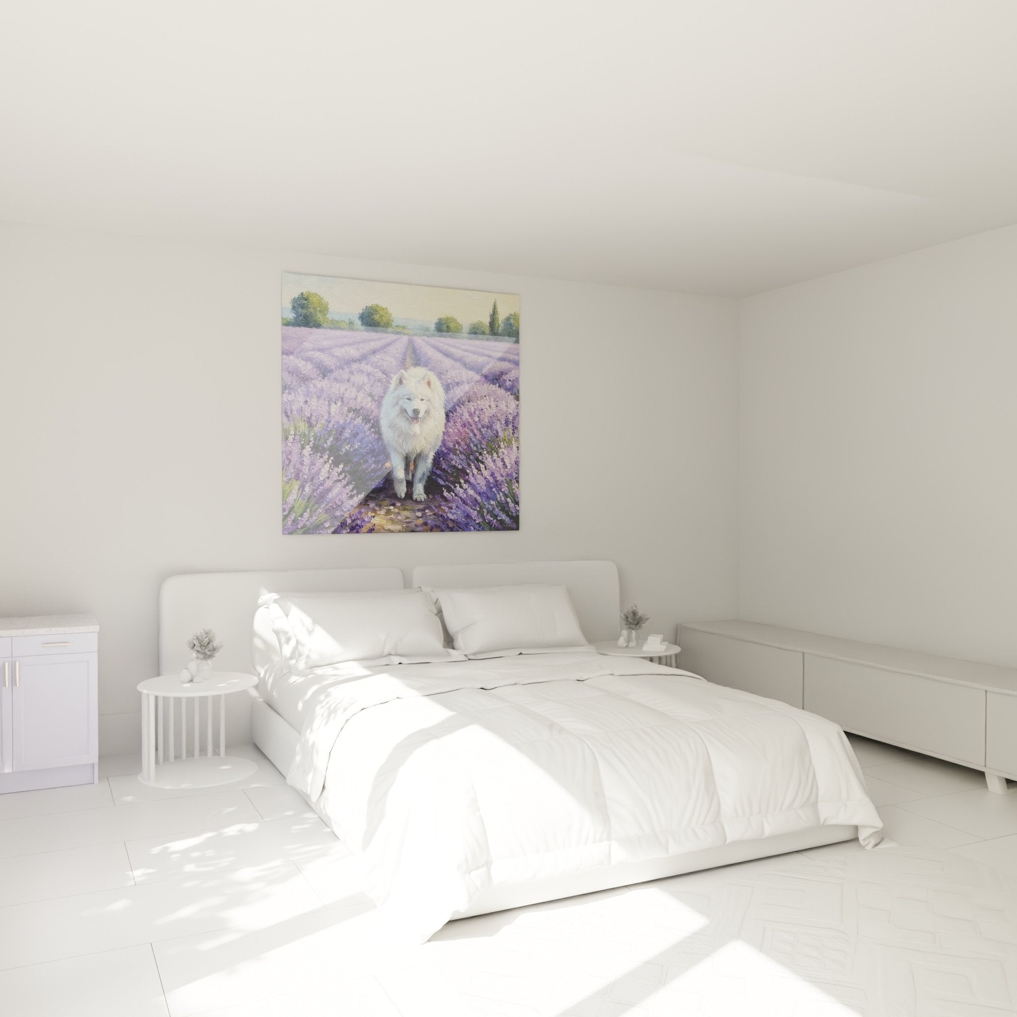 Décoration chambre tableau Samoyède lavande violette ambiance apaisante Provence style campagne chic