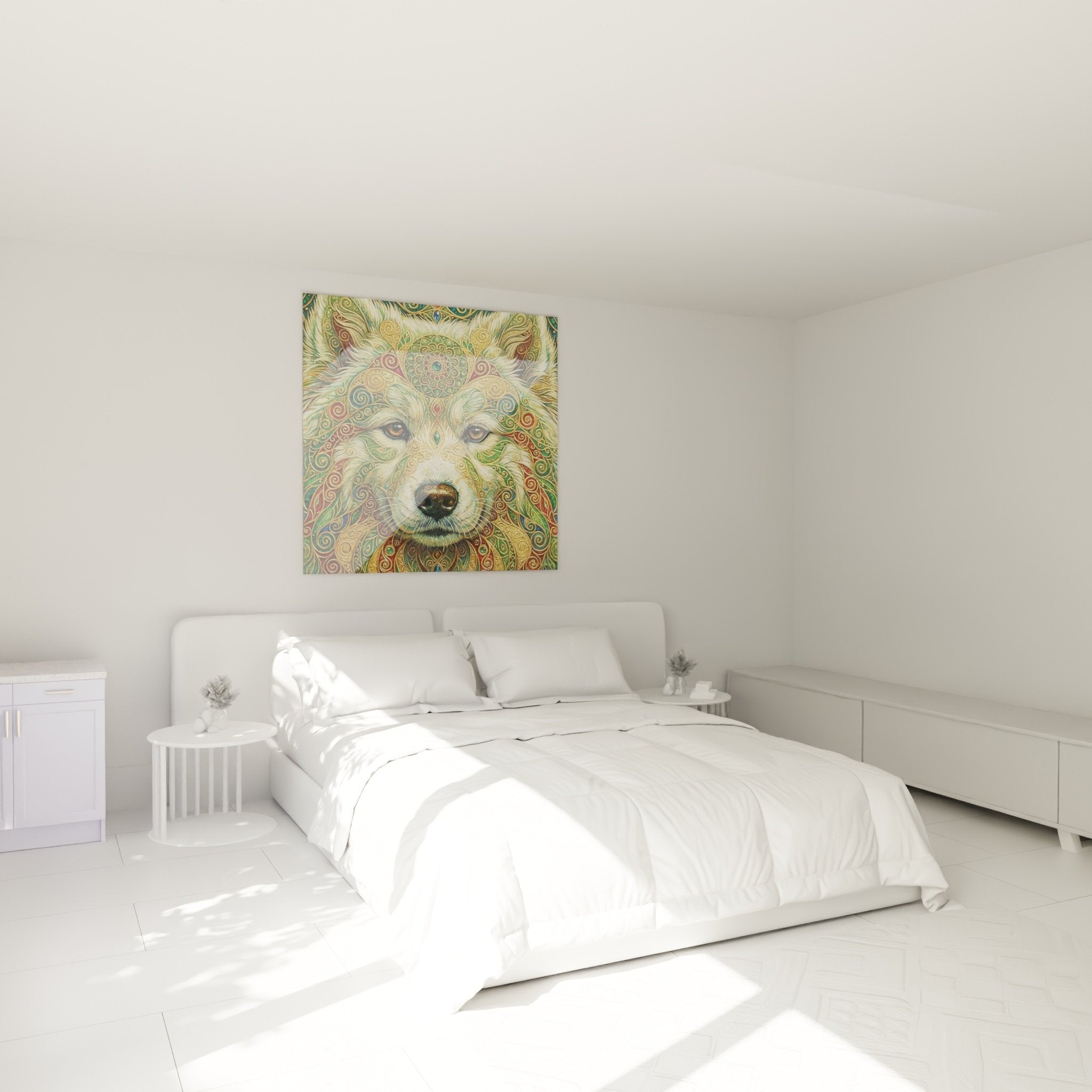 Tableau Samoyède ornements dorés dans chambre moderne, décoration murale mystique, ambiance zen et apaisante