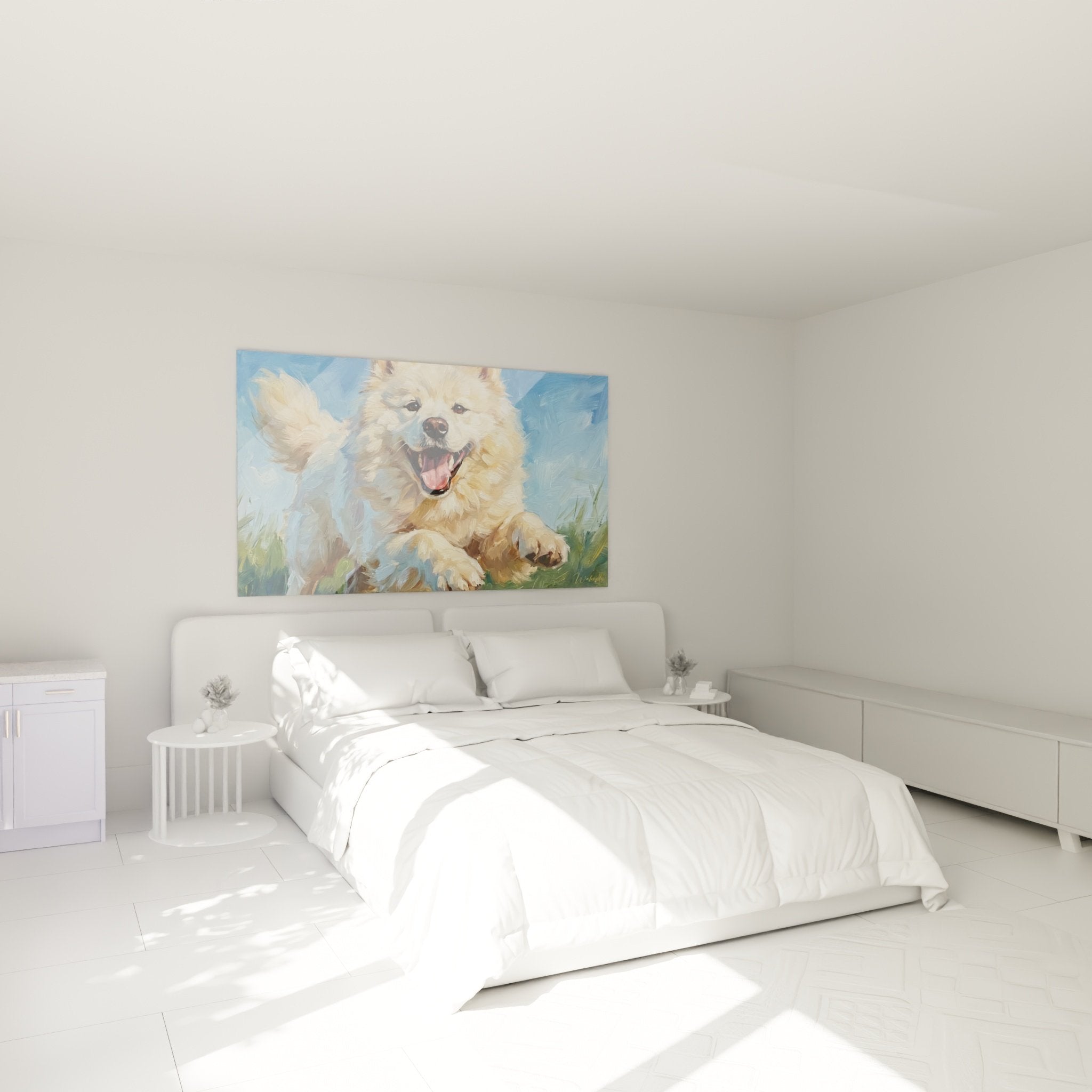 Decoration murale Samoyede heureux dans chambre moderne tableau chien blanc pelage dore ambiance chaleureuse