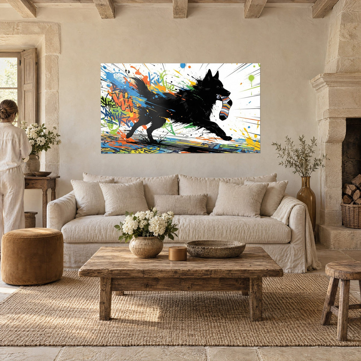 Gemälde eines schwarzen Hundes im Profil, springend, mit gestreifter Socke im Maul, orangefarbene und blaue Spritzer, über einem Sofa in einem hellen Wohnzimmer
