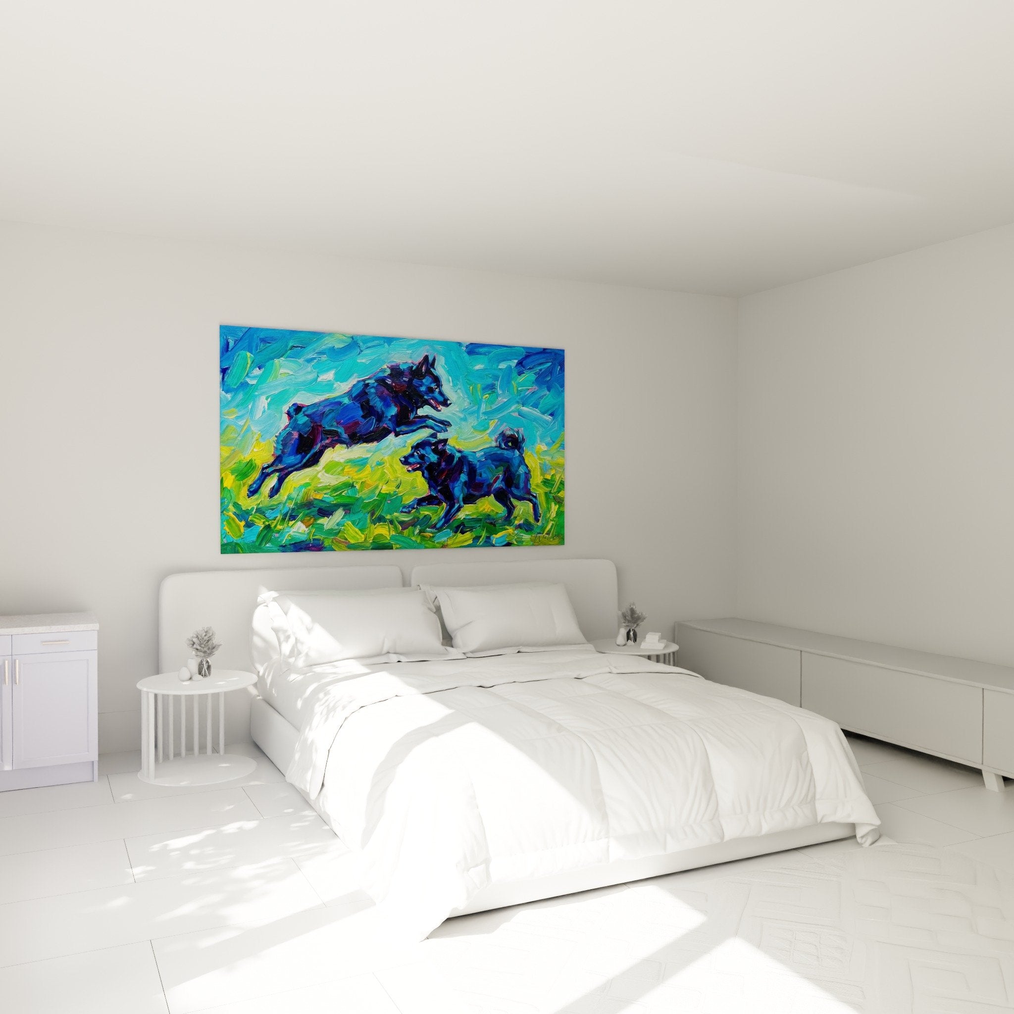 decoration chambre tableau schipperke impressionniste bleu turquoise vert eclatant