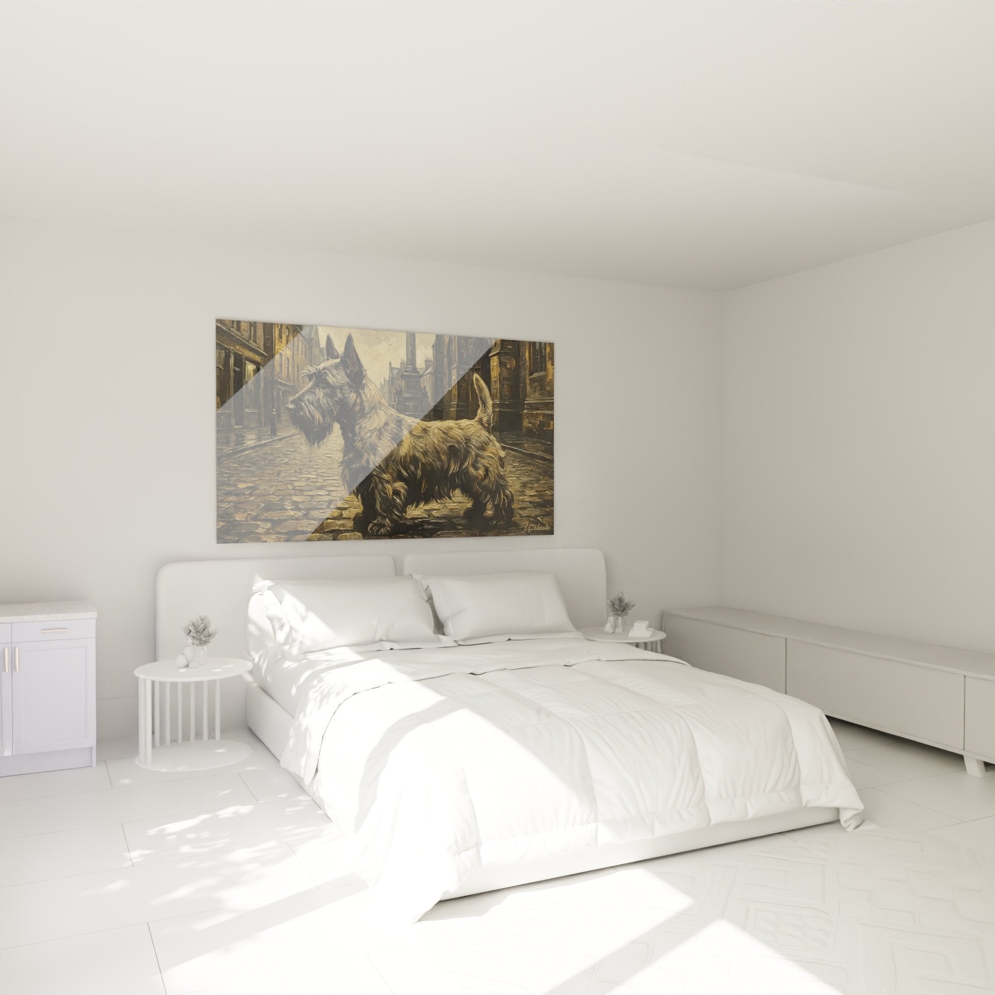 Deco chambre avec tableau chien Scottish Terrier gris ambiance cosy murs beiges lit moderne