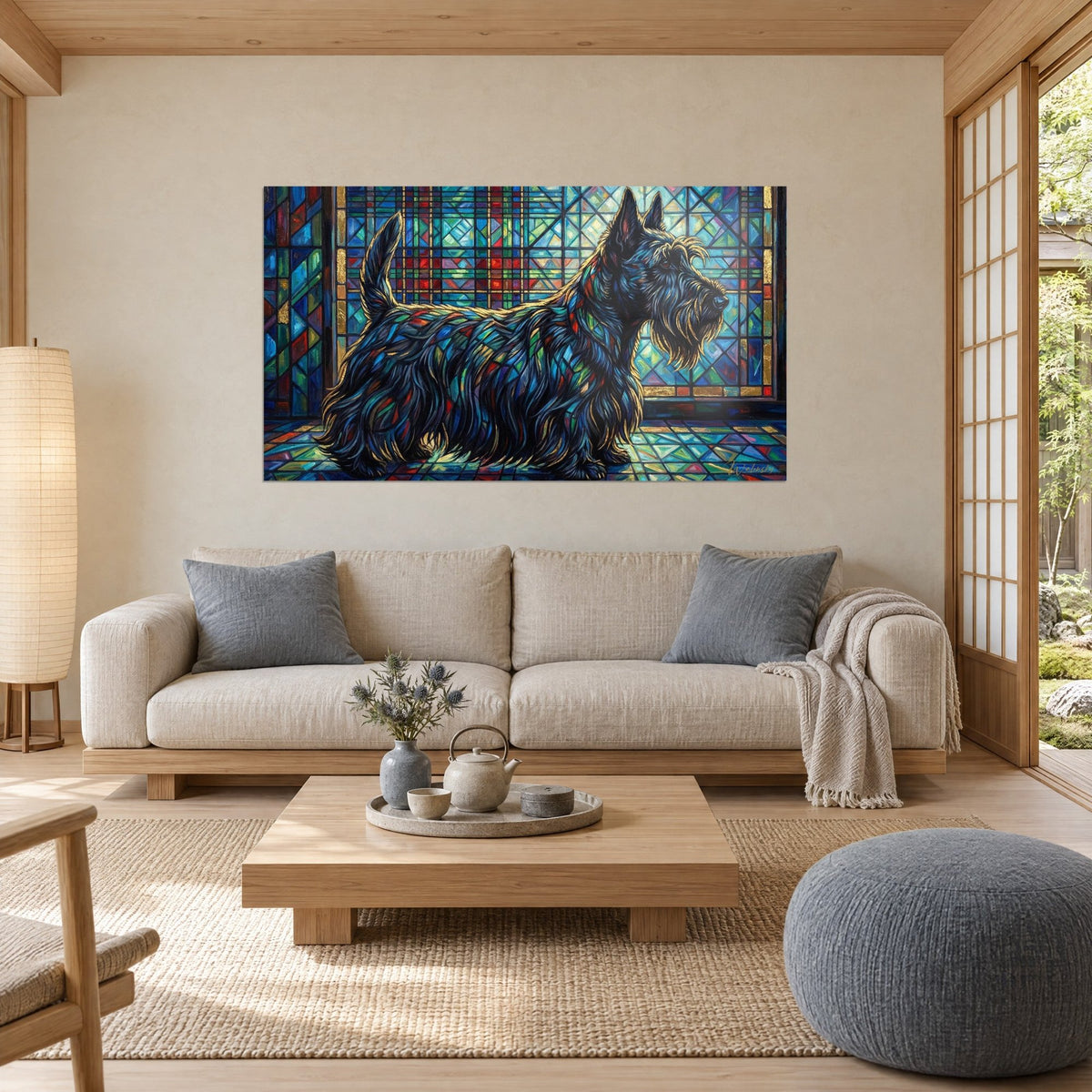 Tableau scottish terrier noir au pelage chatoyant, éclats bleus et rouges, vitrail doré, au-dessus d'un canapé dans un salon lumineux