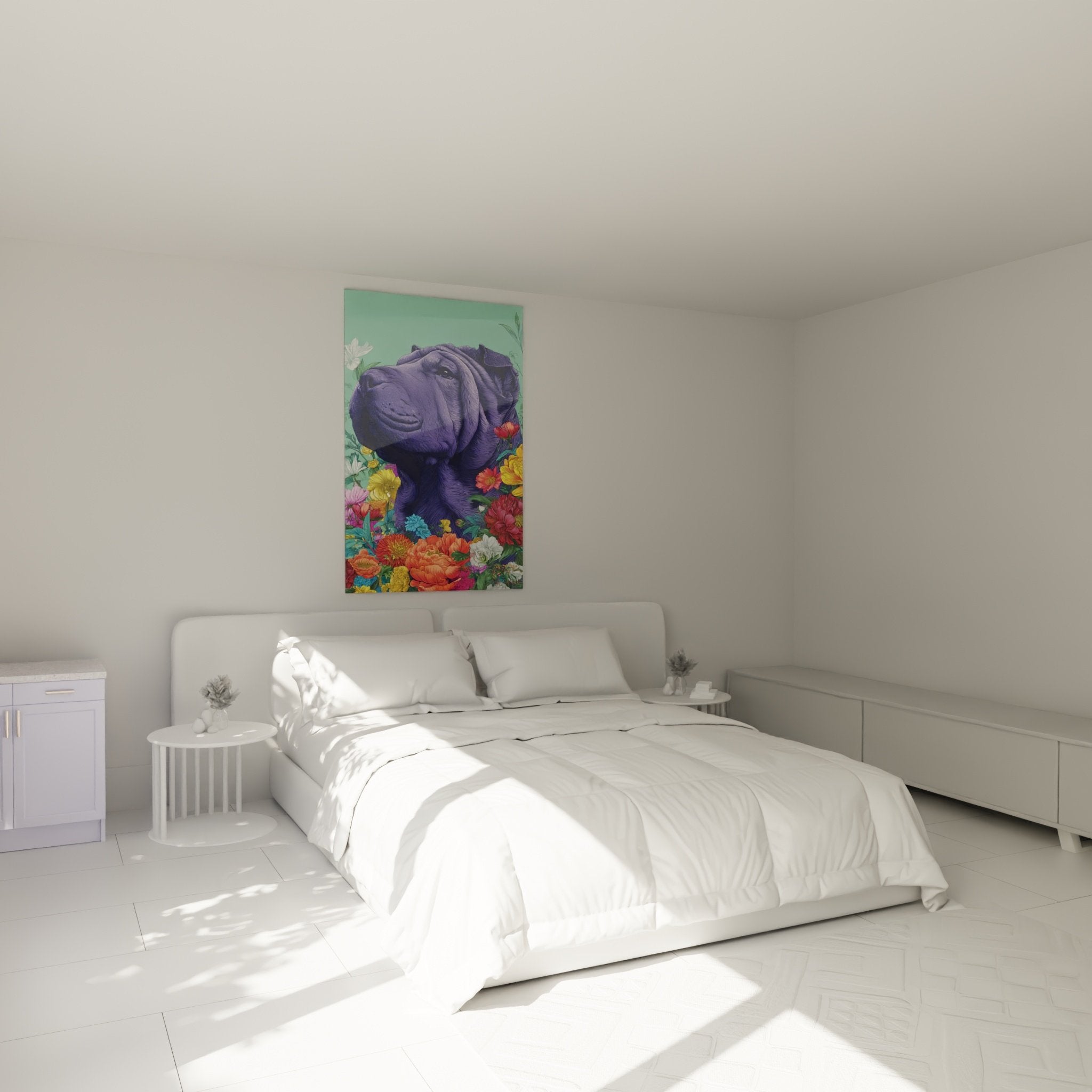 Décoration murale chambre avec portrait Shar Pei violet et fleurs multicolores ambiance apaisante