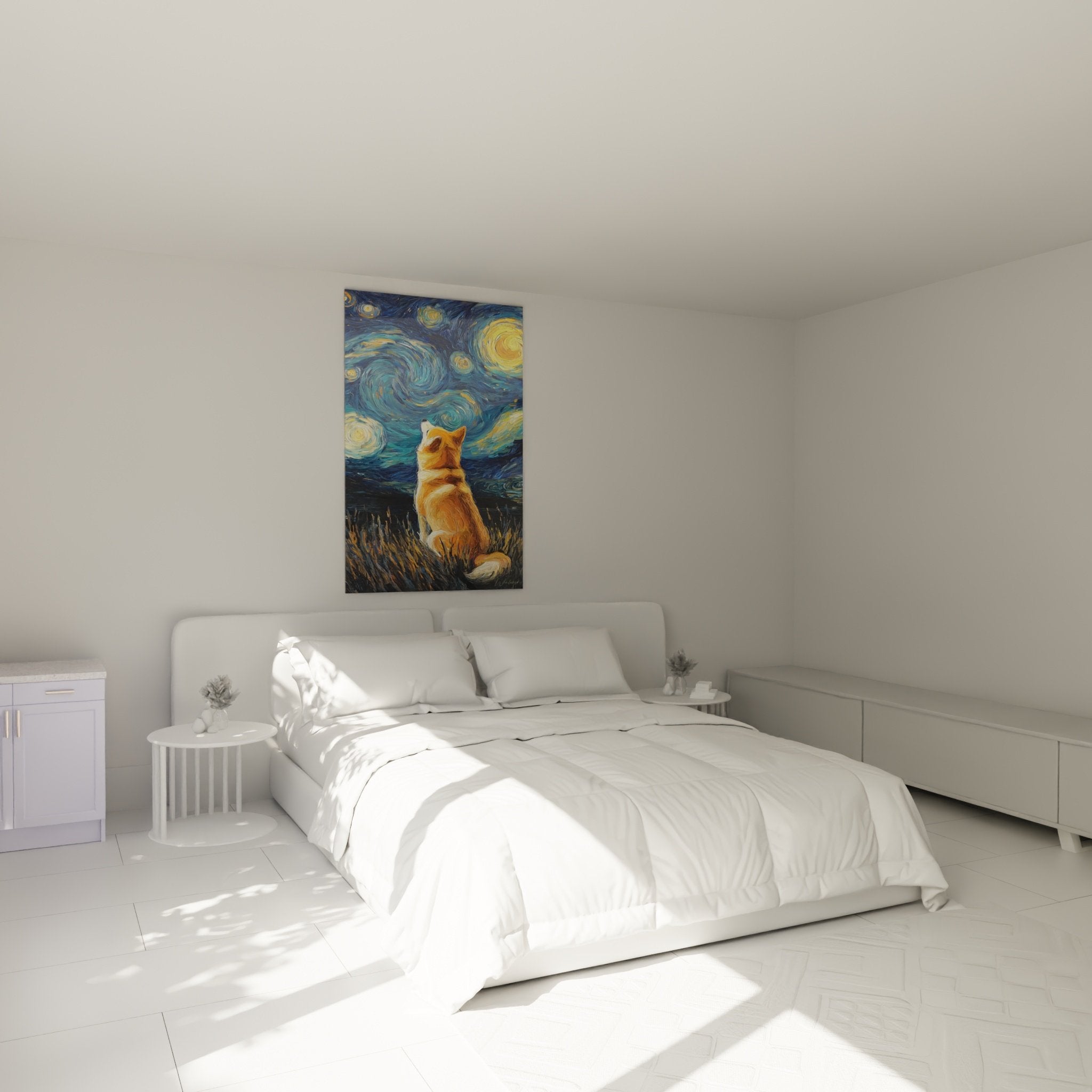 Shiba inu bedroom wall art starry night golden spirals calming ambiance