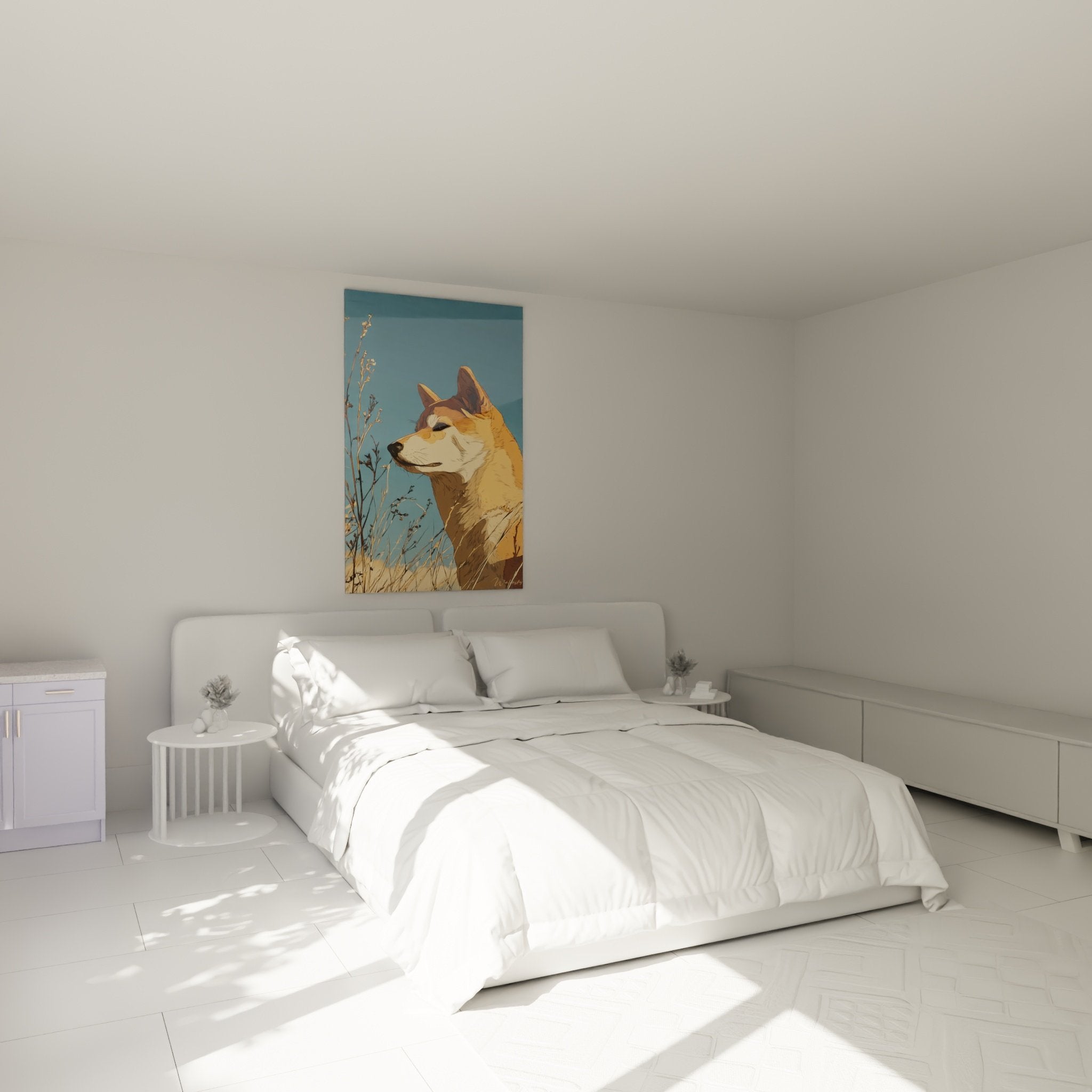 Décoration chambre tableau Shiba Inu prairie dorée ambiance sereine art mural chien japonais