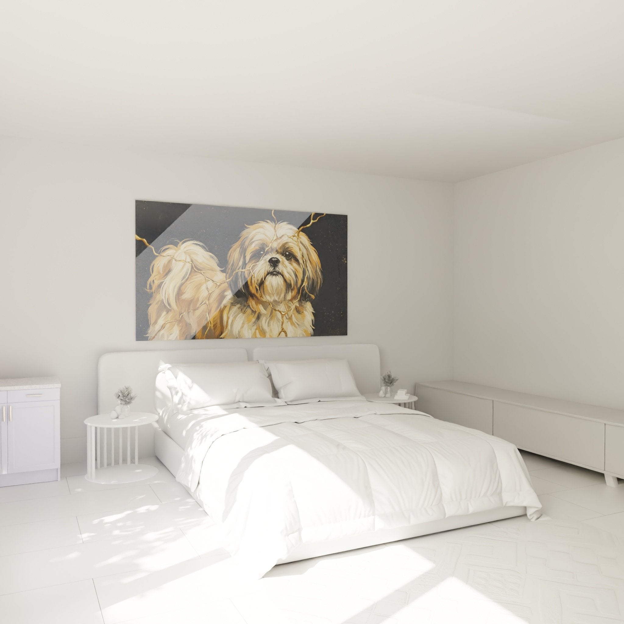 Decoration murale chambre Shih Tzu dores tons chauds ambiance cocooning art canin