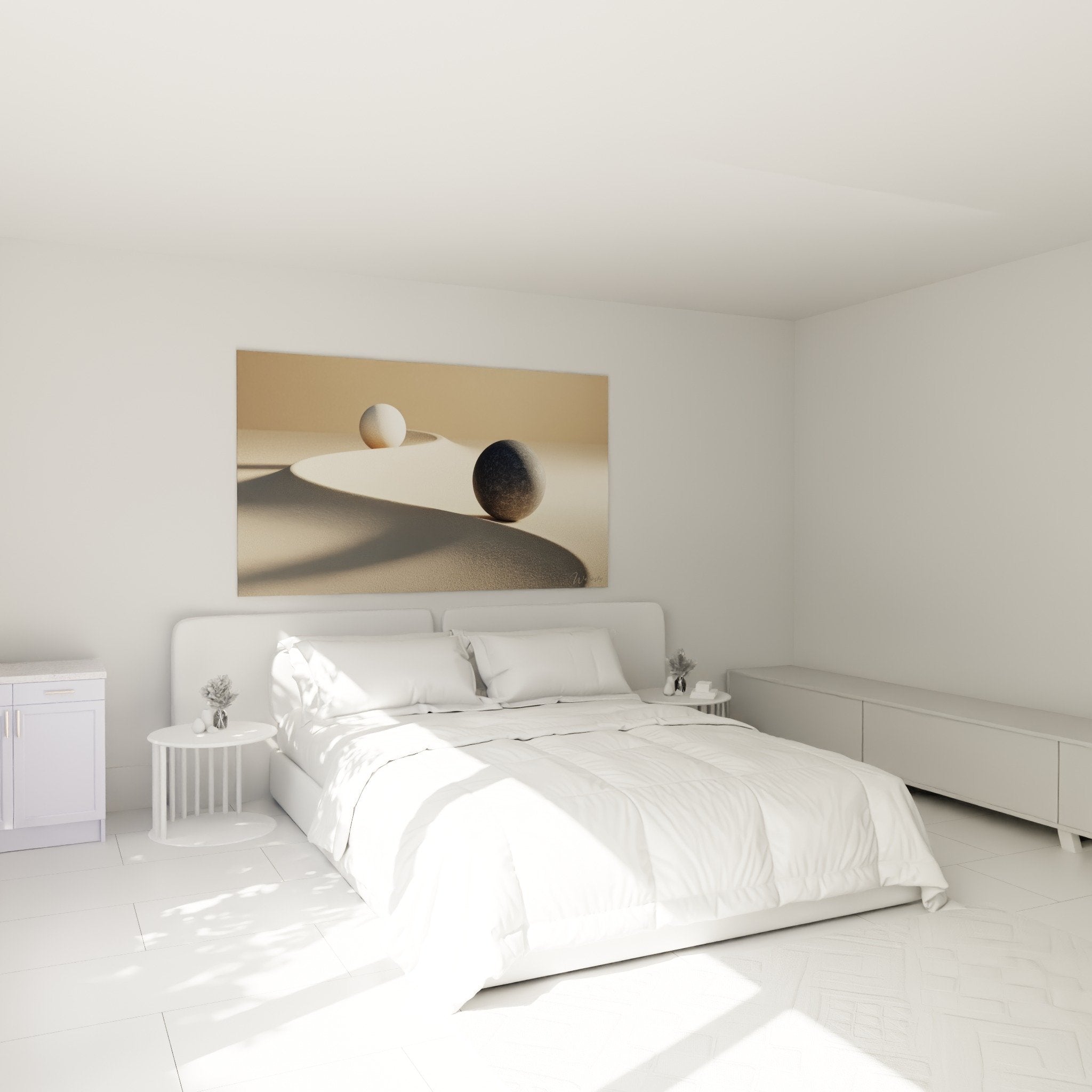 bedroom decoration with geometric beige spheres artwork peaceful zen atmosphere