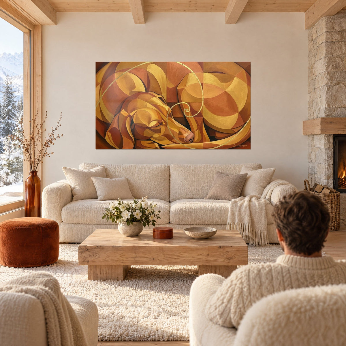 Gemälde eines schlafenden Windhunds Vizsla in ockerfarbenen und goldenen Facetten, Spirale aus Blattgold, über einem Sofa in einem hellen Wohnzimmer