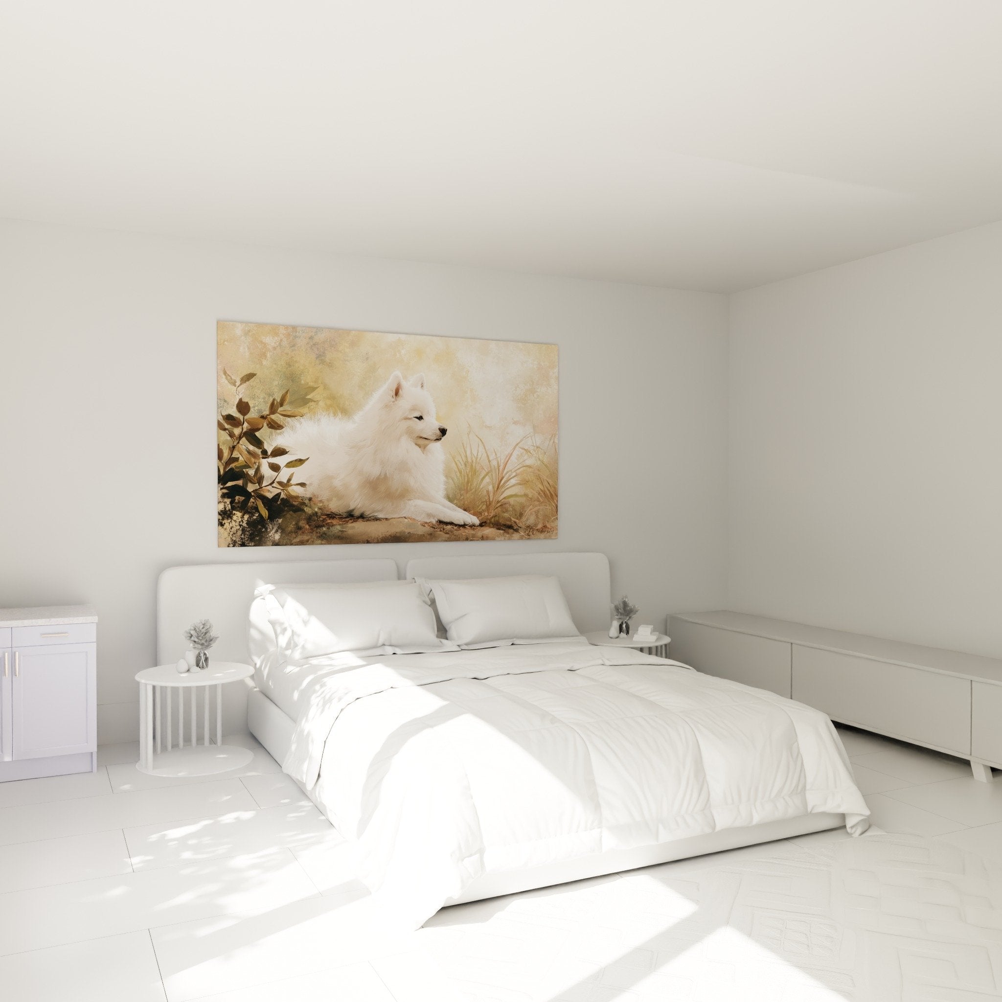 Déco chambre tableau spitz japonais blanc tons dorés beiges ambiance apaisante mur crème luminaire chaud