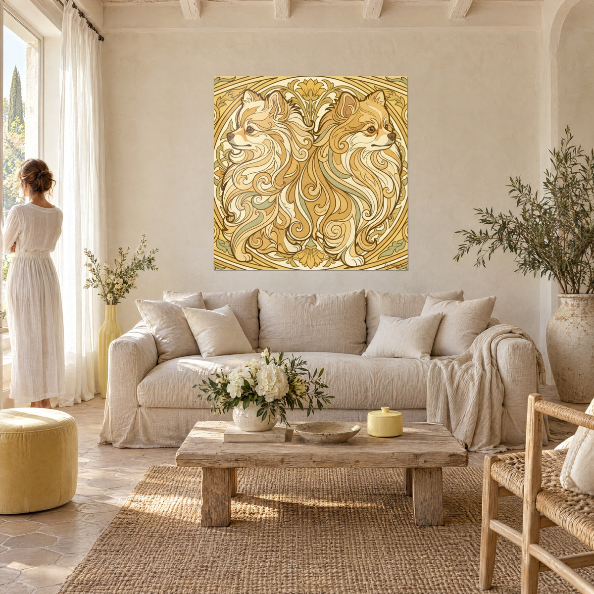 Quadro due spitz di Pomerania dal pelo ambrato in volute, ocra e verde salvia, sopra un divano in un soggiorno luminoso