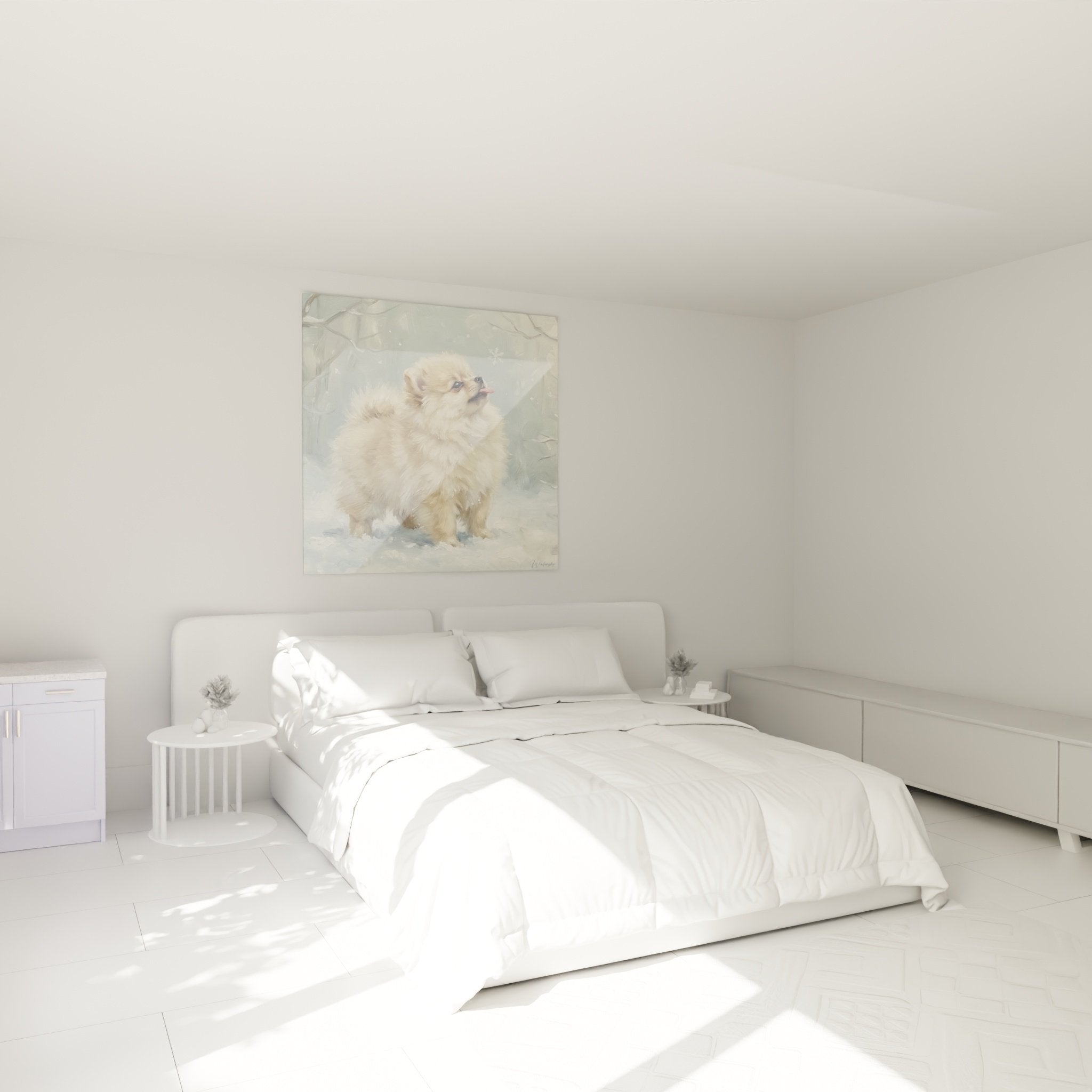 Déco chambre tableau chiot Spitz Poméranien pelage crème sous neige art mural apaisant enfant