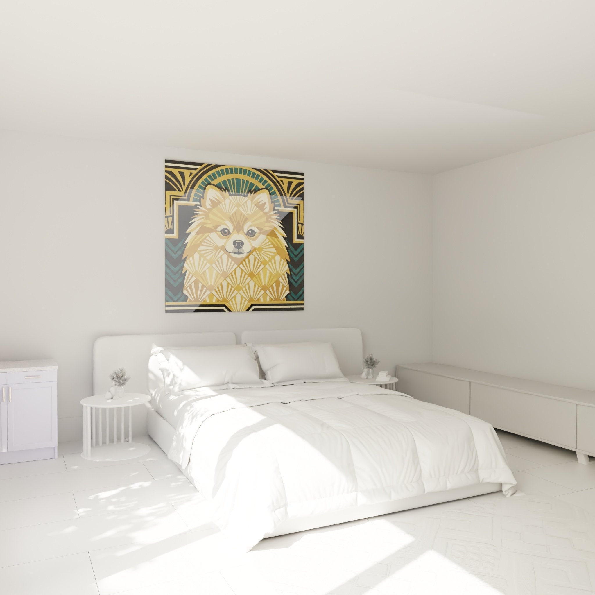 Decoration chambre tableau Spitz Pomeranien style Art Deco dore bleu canard