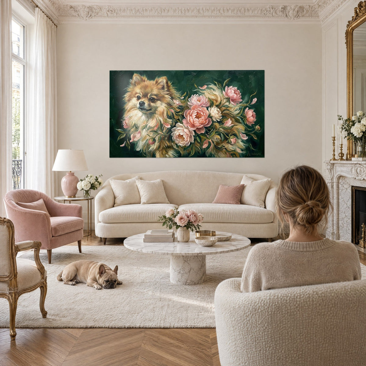 Gemälde Spitz Pomeranian mit cremefarben-rotbraunem Fell zwischen rosa Pfingstrosen auf grünem Grund, Frau von hinten und Bulldogge, über einem Sofa in einem lichtdurchfluteten Wohnzimmer