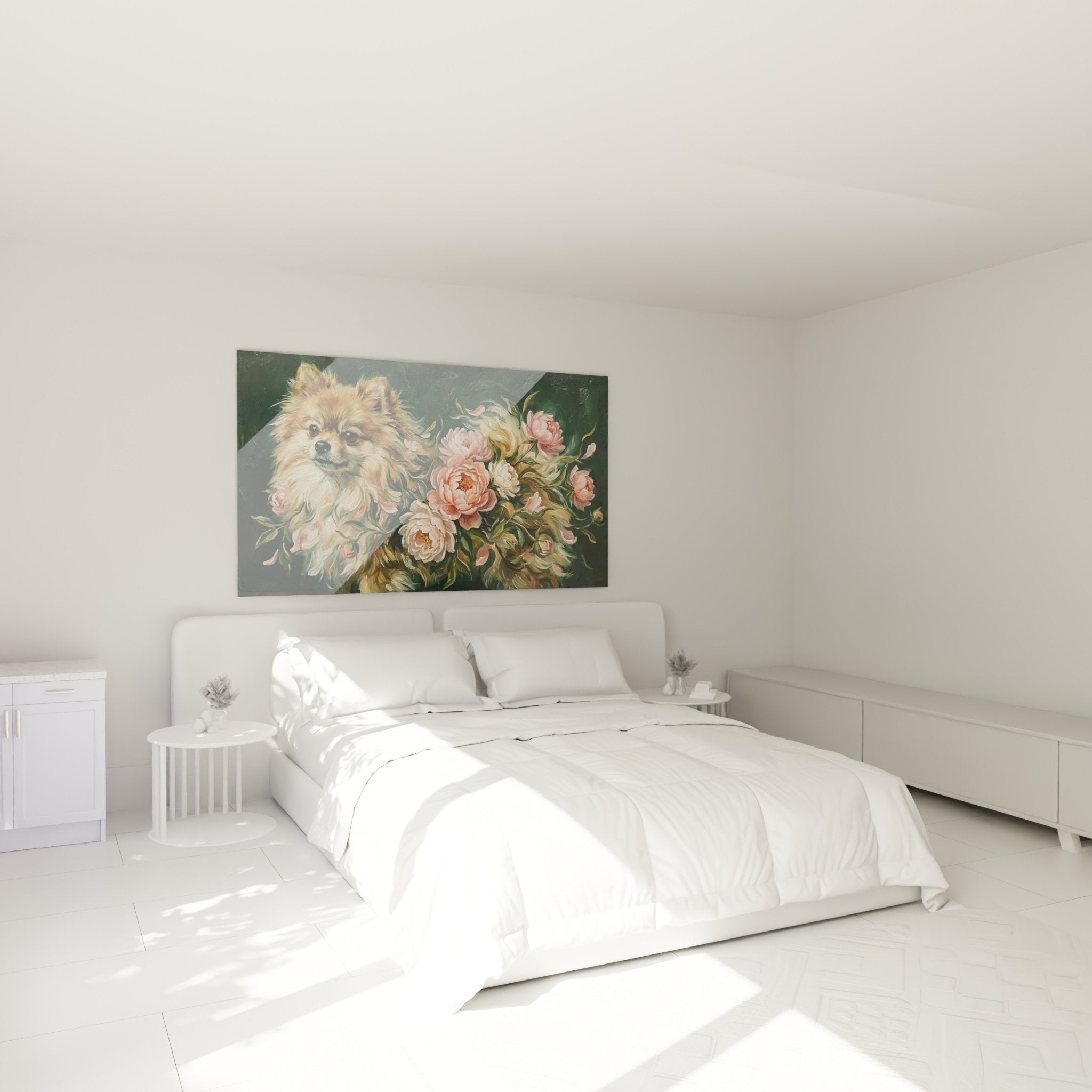 Decoration chambre tableau chien spitz pivoines roses ambiance romantique mur blanc mobilier bois clair